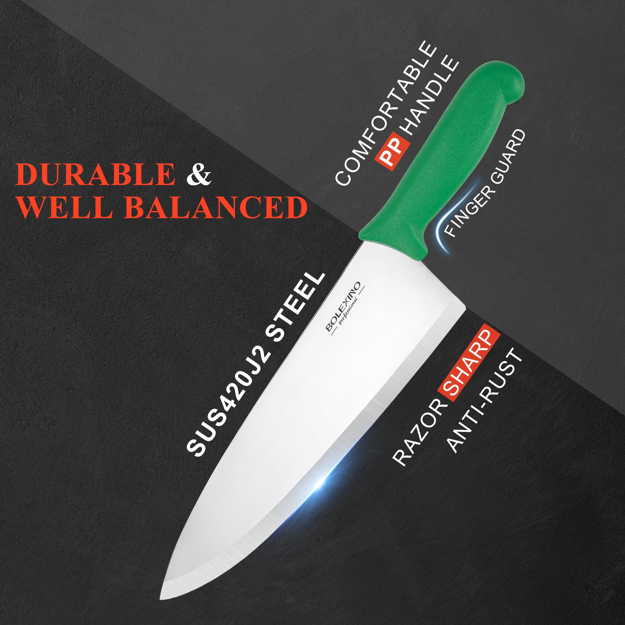 10" Professional Chef Knife, High Carbon Steel, Ergonomic (Green) — Amazon image 3