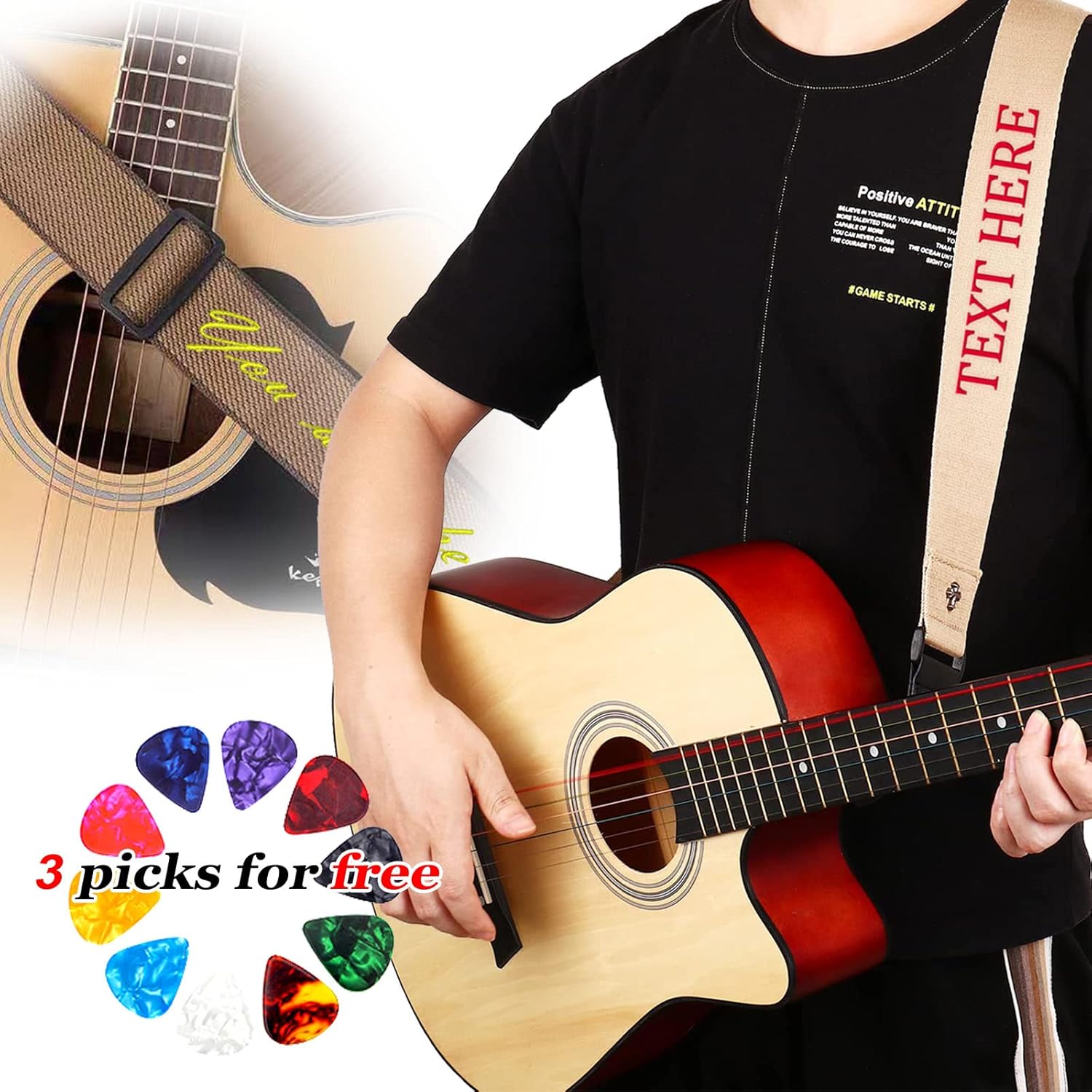 Personalized Guitar Straps, Customized Embroidery Name/Text Cotton Guitar Body Strap for Ukulele, Electric & Acoustic with Pick Pockets, Come with Free 1 Strap Lock and 3 Picks