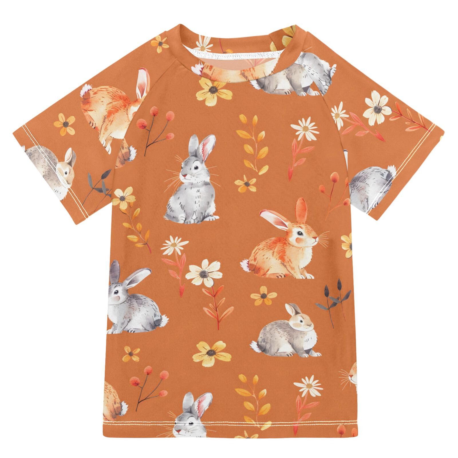 ALAZA Kids Rash Guard Boys Toddler Swim Shirts Short Sleeve Bunny Rabbit Orange Cute UPF 50+ 3T