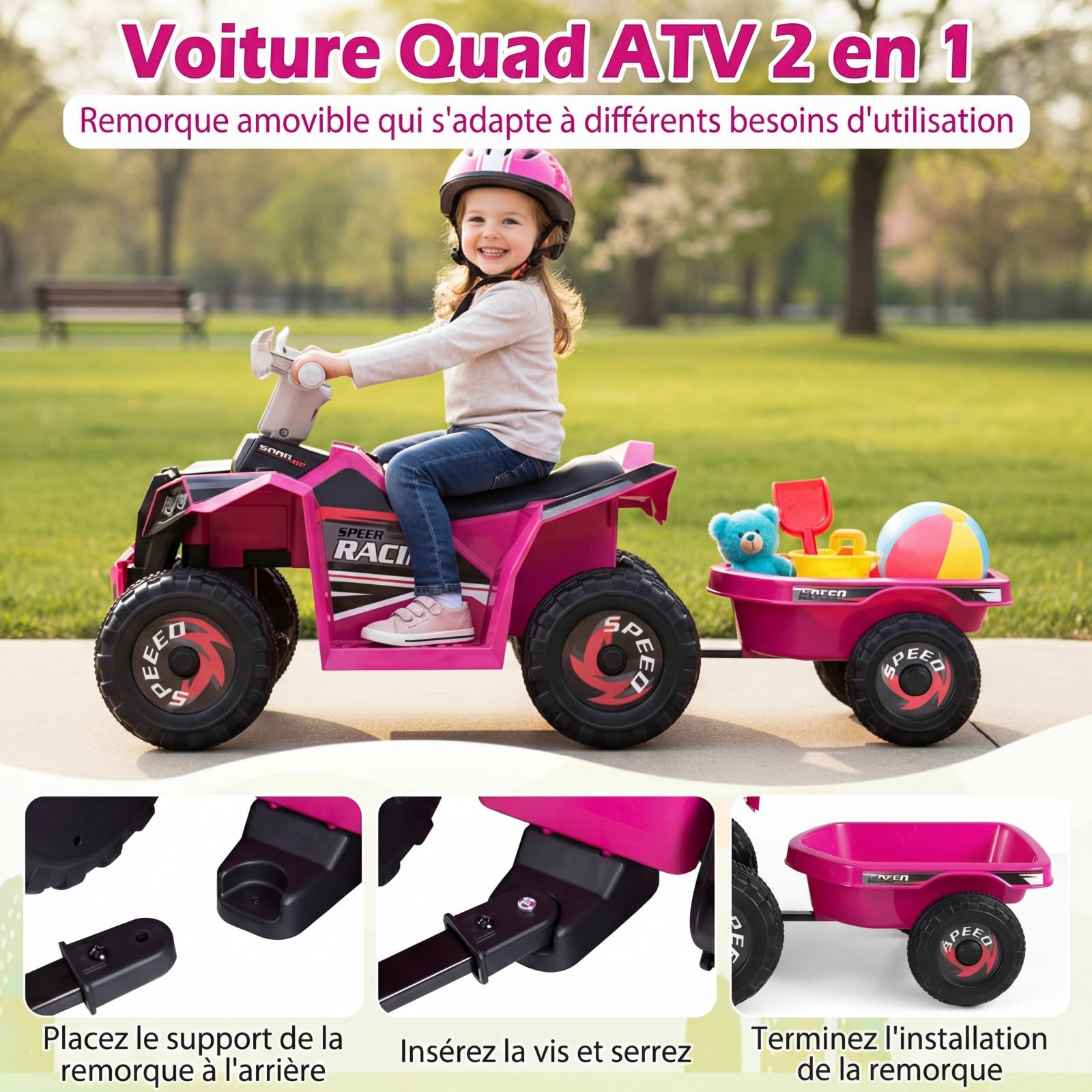 GOPLUS Quad ATV Electriques Enfants, Voiture Électrique Enfants 6V avec Remorque Arrière Amovible, Roues Résistantes à l'Usurel, pour Tout-Petits Garçons 3 Ans+, 2-3 km/h,Charge 30KG