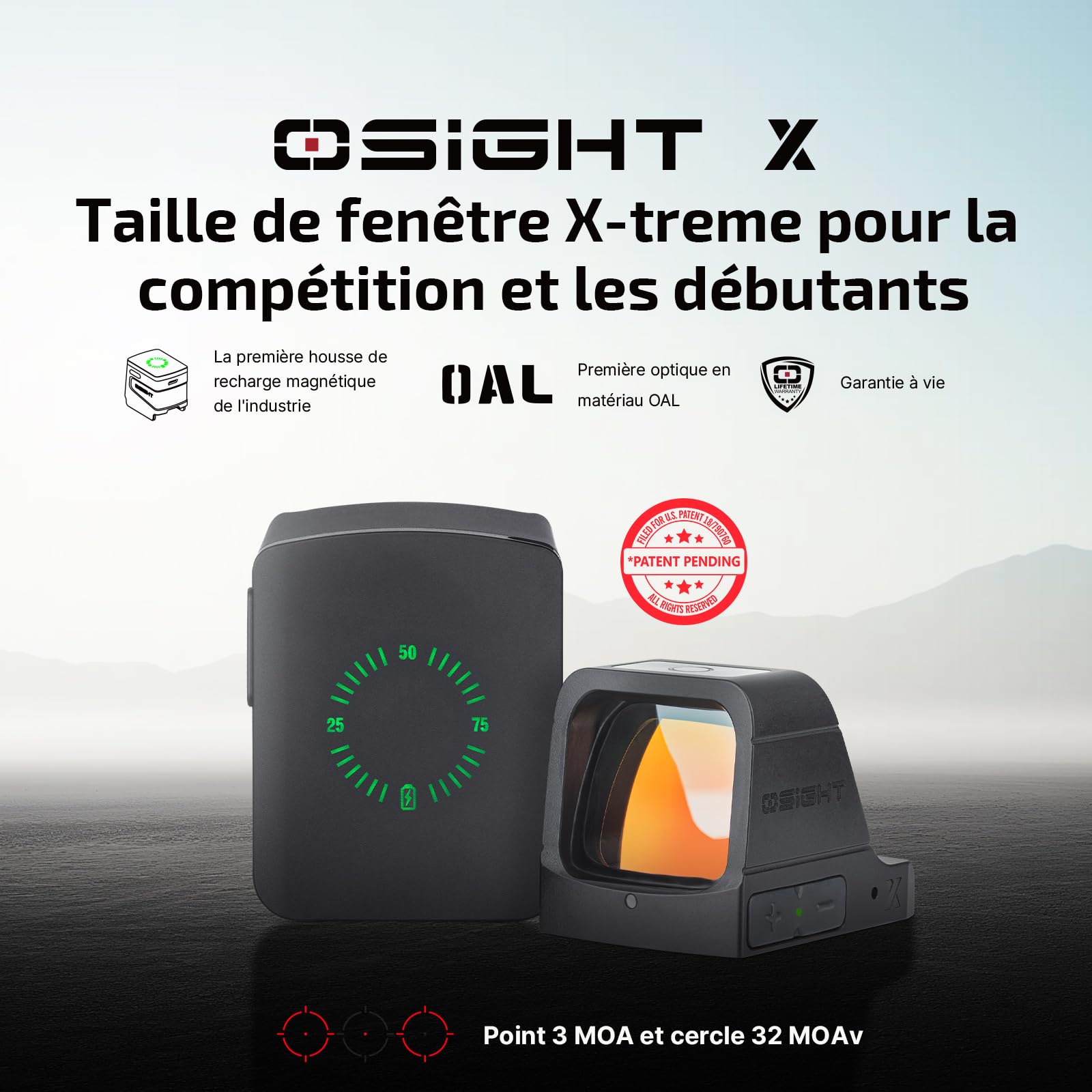 Osight Visée Réflexe Osight X IPX6 USB-C Rechargeable à 3 MOA Dot et 32 MOA Circle Est Une Aide à La Visée Légère pour Les Armes Courtes Utilisées pour La Chasse