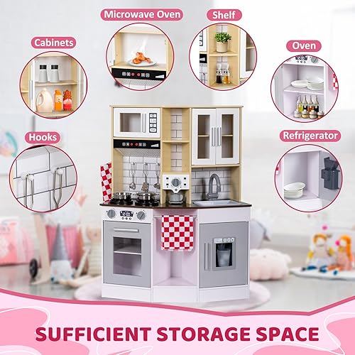 Miniatura 9 de Juego de cocina para niños, cocina de madera con grifo, fregadero, microondas, horno, delantal, armarios de almacenamiento, juego de juguetes de