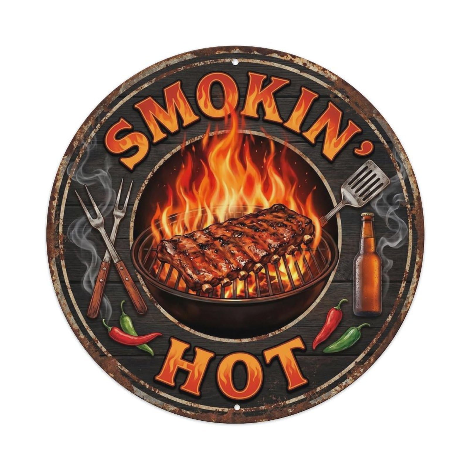 BBQ Barbecue Smokin Hot Vintage Metal Tin Sign Plaque Wall Decor for Cafe, Club, Garden Round Metal Poster 8x8Inch