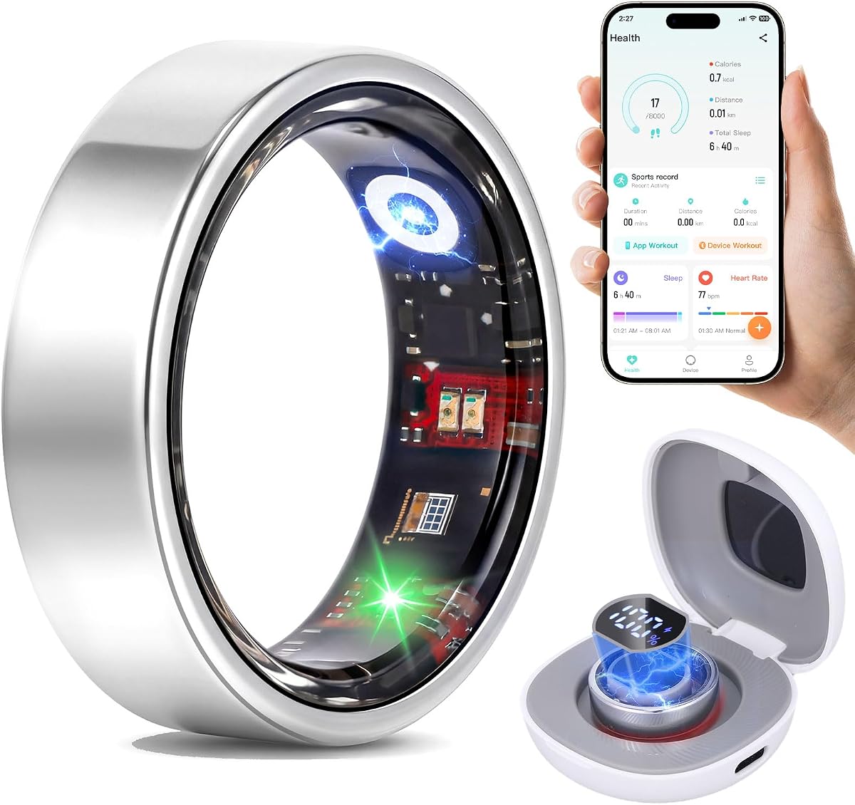 Smart Ring Fitness & Sleep Tracker HR Monitor (Silver, 8) | Women's Health,No subscription,IP68 Waterproof, 3-5 day Battery Life, Remote photography, Size Before You Buy
