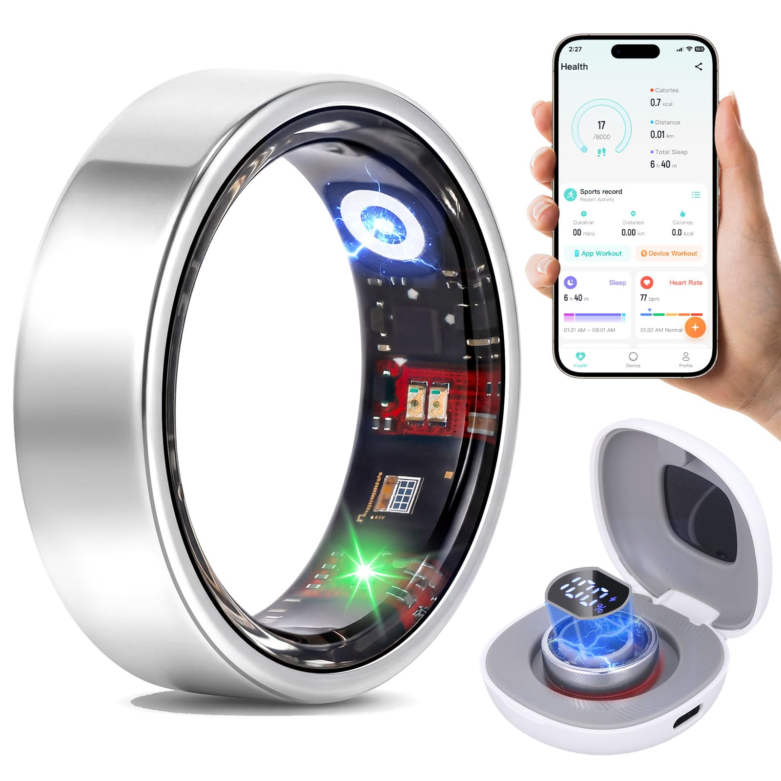 Smart Ring for Women Men - 24/7 Heart Rate, Stress & Sleep Monitoring, IP68 Waterproof Fitness Tracker, Step Counter, 11+ Sport Modes, 5-Day Battery Life, No Subscription, iOS & Android (Silver, 7)-image-33
