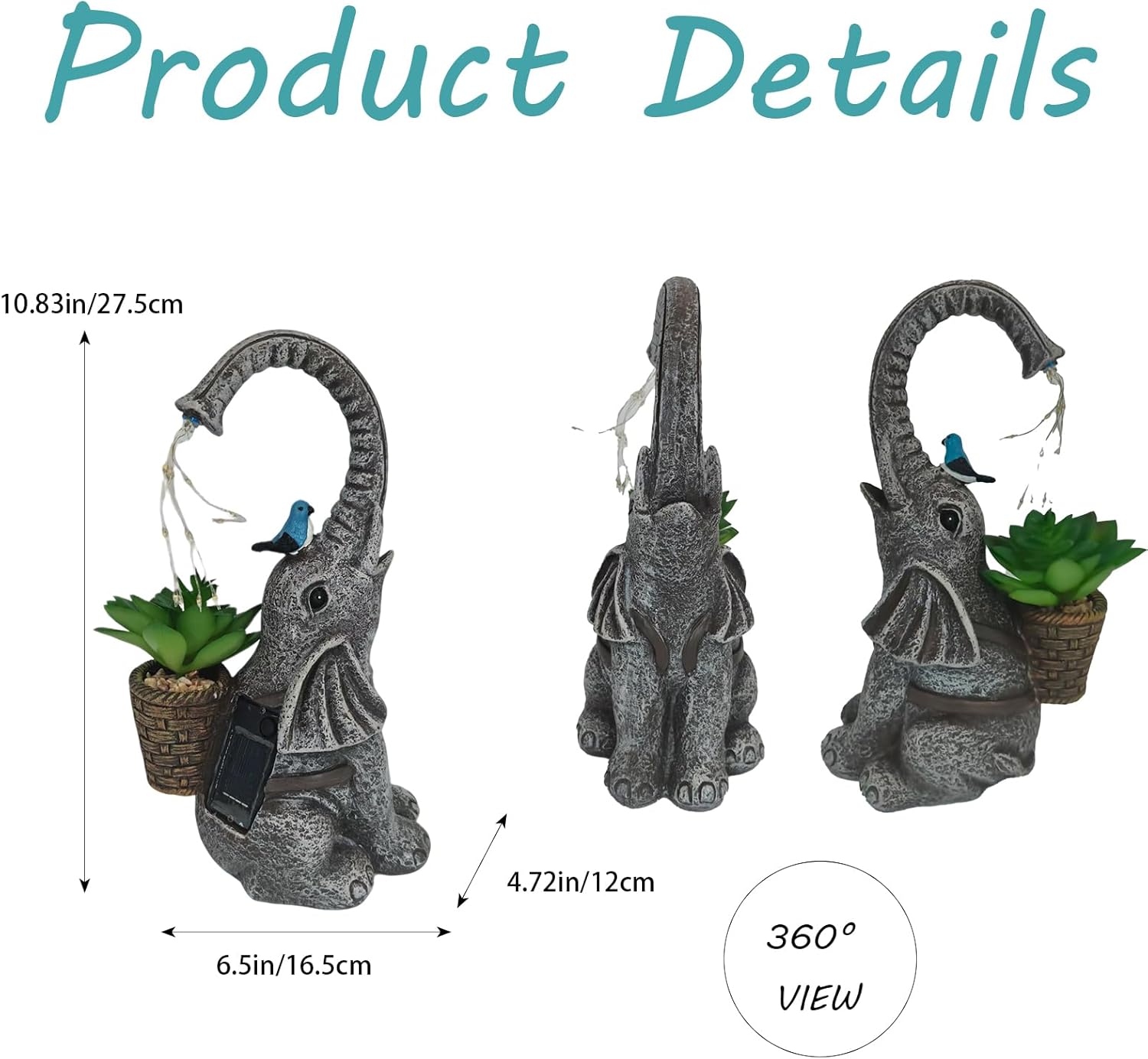 Solar Powered Garden Statue with LED Lights, Grey Stone Resin Elephant Planter, Decorative Outdoor Sculpture with Birds and Succulents,for Balcony, Garden, Patio, Yard, Lawn(Gray)