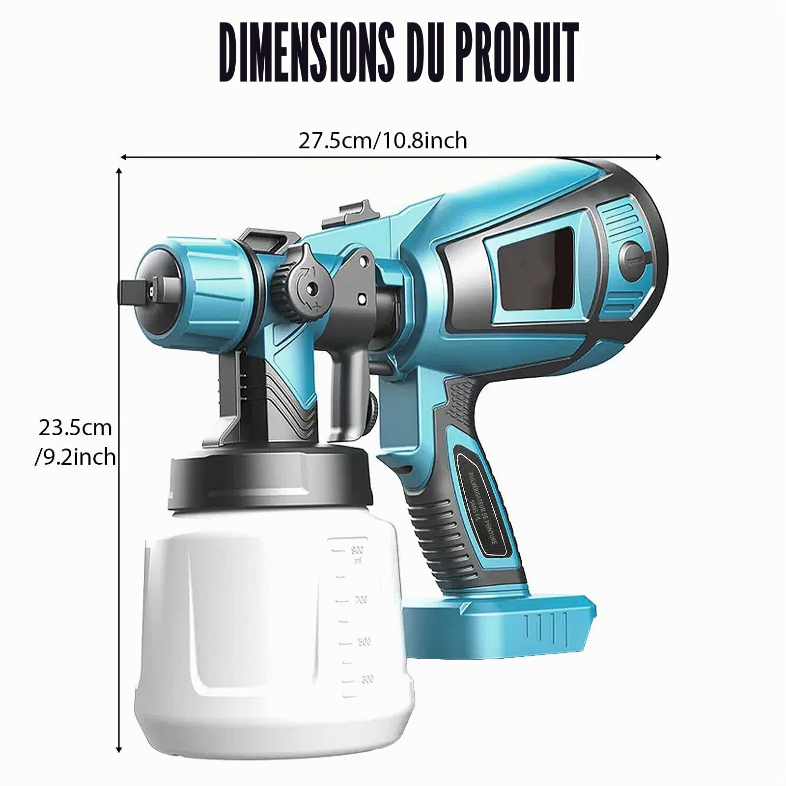 Pistolet a Peinture sans Fil 18V avec 2 Batteries 3000mAh et Chargeur – 3 Buses 3 Modes de Pulvérisation, Réservoir PVC 1000ml, Aiguille et Buse en Cuivre Pur pour Portes, Murs
