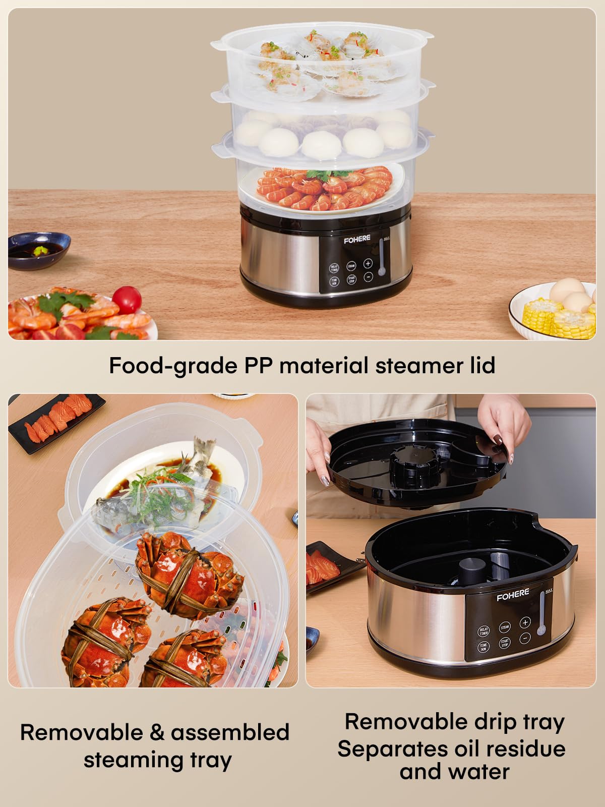 Vaporizador de alimentos para cocinar, vaporizador de verduras de 13.7 cuartos de galón con cestas apilables de 3 niveles sin BPA, olla de vapor eléctrica de 800 W, temporizador de inicio de 7