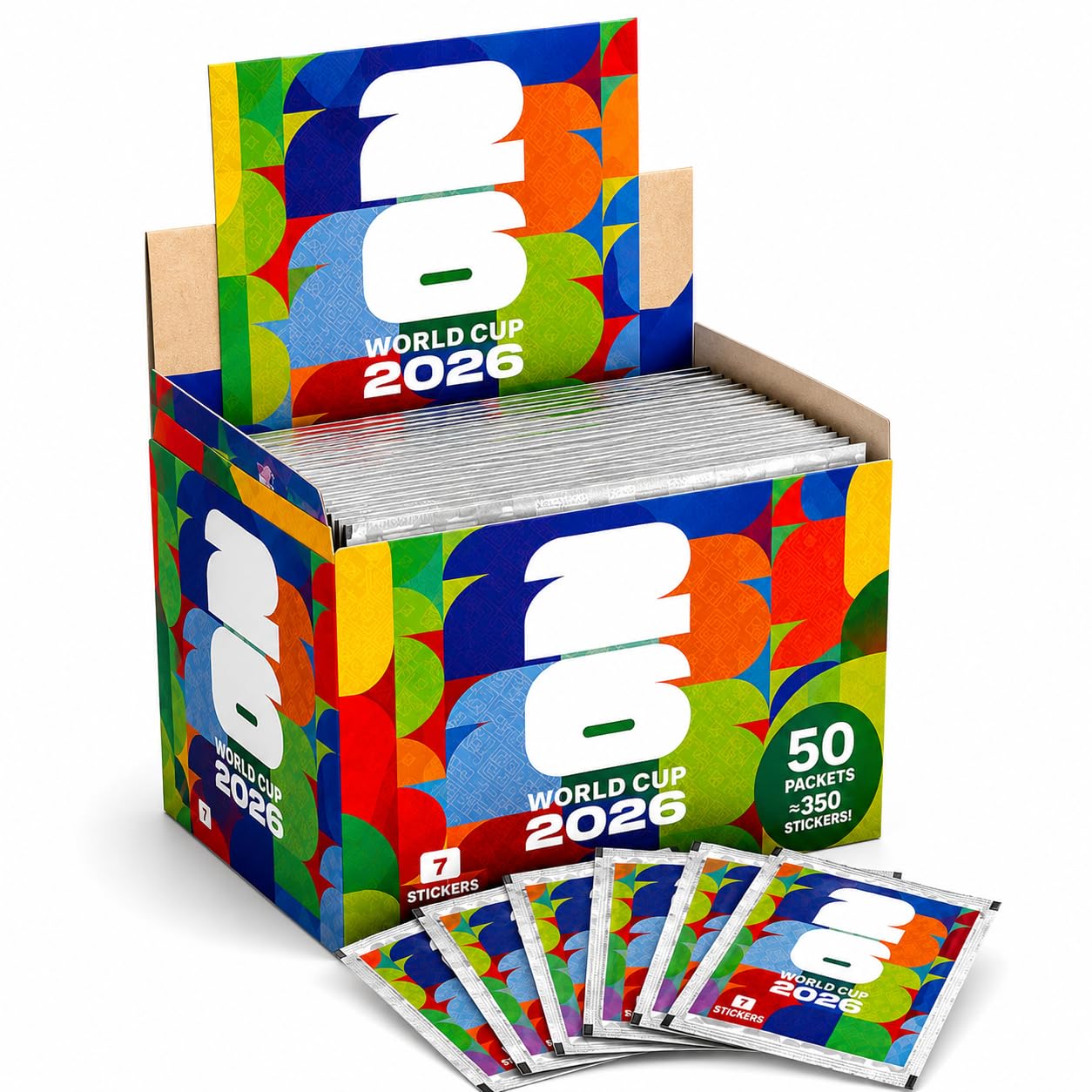 WM 2026 Sammelsticker Box – 50 Stickertüten mit insgesamt 350 Stickern | Fußball Sticker Sammlung zum Tauschen, Sammeln und Einkleben