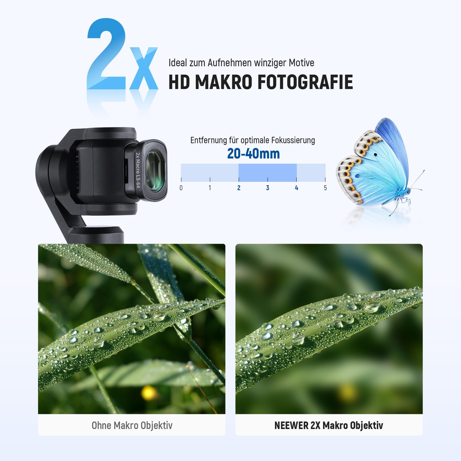NEEWER 2x Makroobjektiv kompatibel mit DJI Osmo Pocket 3 / Pocket 4 / Xtra Muse, HD Makroobjektiv mit 3 Linsen in 3 Gruppen und Magnetbefestigung, Filter nicht stapeln, LS-64