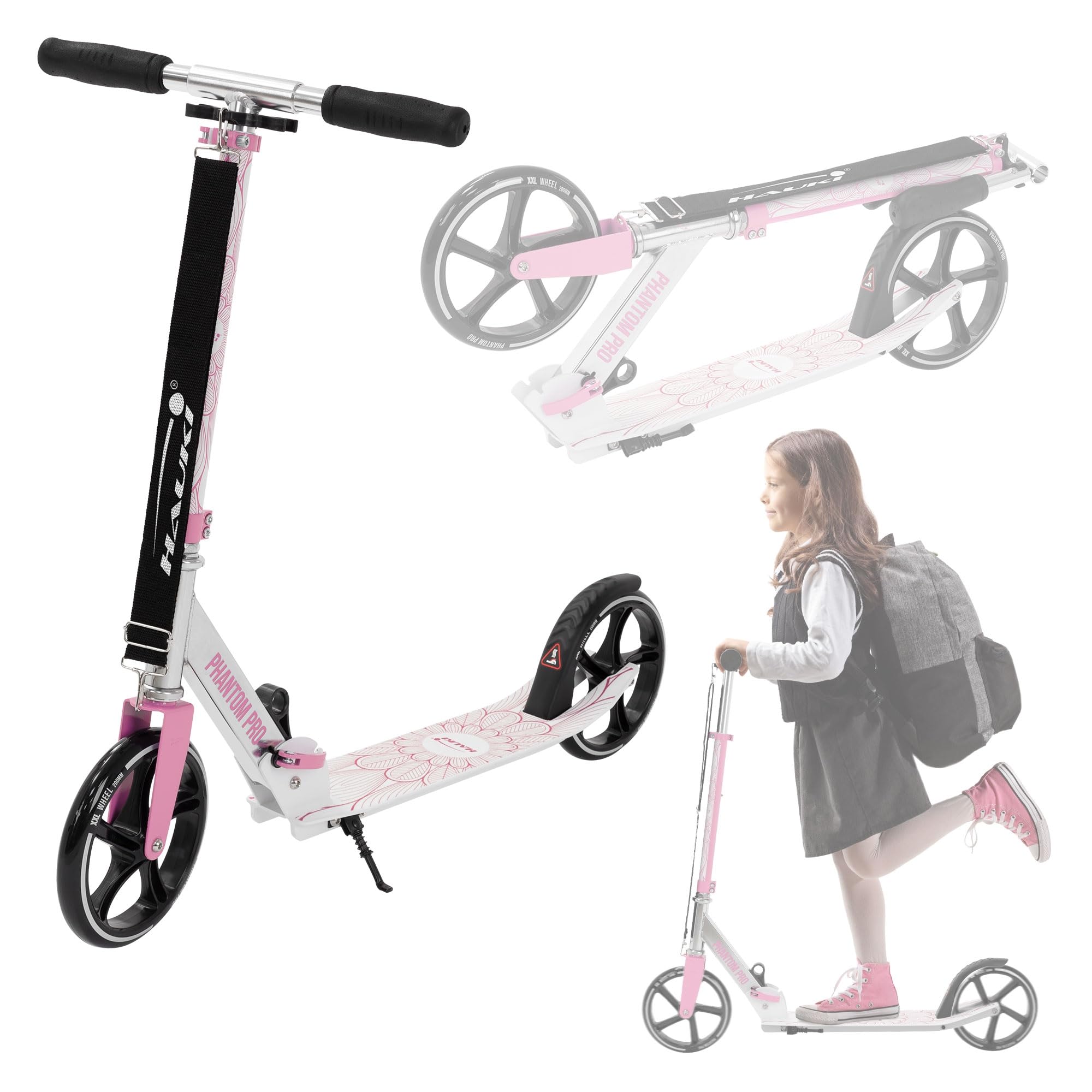 Hauki Cityroller Scooter Vert/Rose, Trottinette Pliable et Réglable en Hauteur, Roues XXL, Frein Arrière à Pédale, pour Enfants Adultes, Modèle Urbaine avec Béquille Sangle Transport Sécurité Stable
