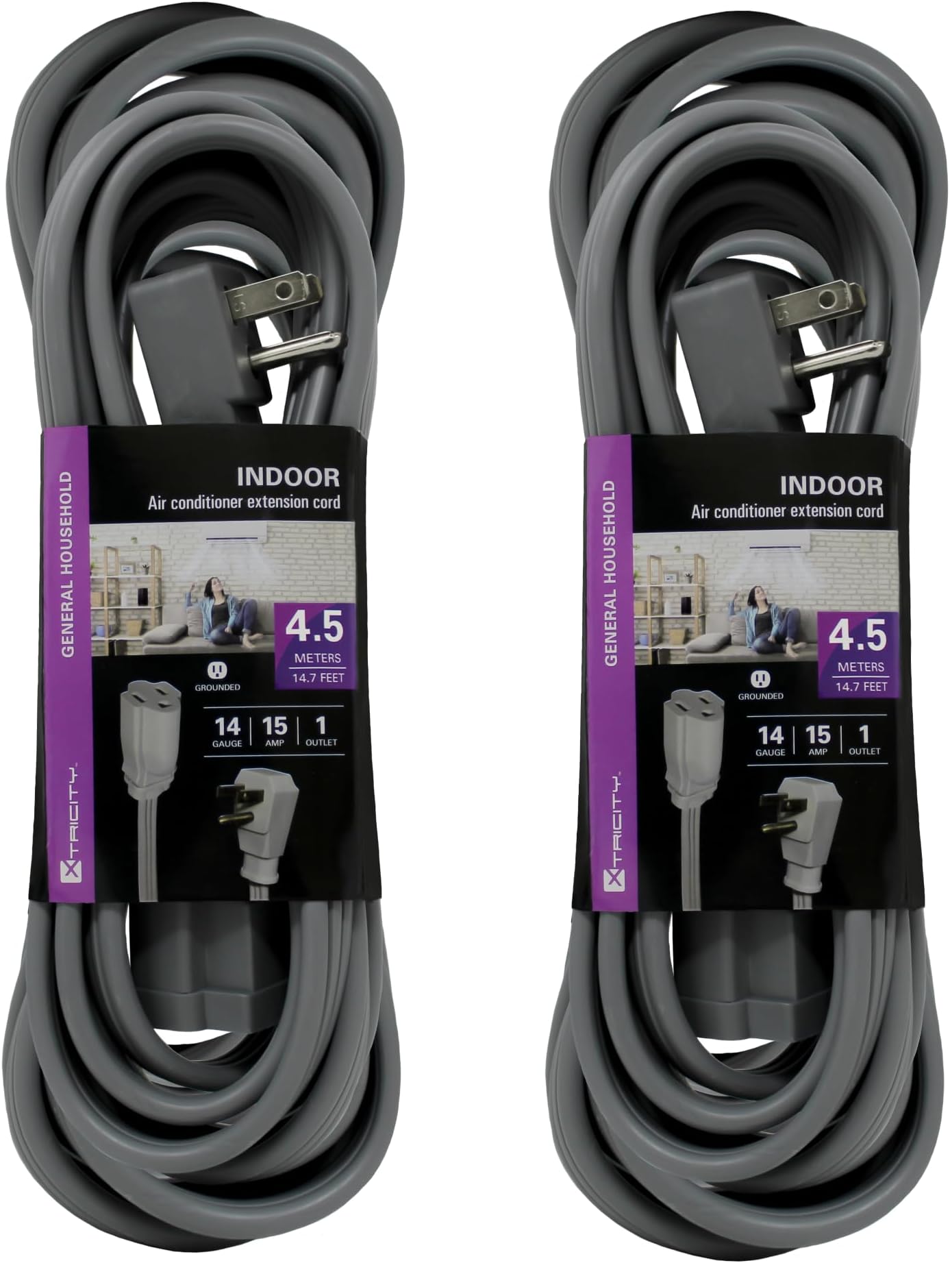15 FT Heavy Duty Air Conditioner and Appliance Extension Cord, 14 Gauge, 15 Amp, ETL Listed, Grey (2 Pack)