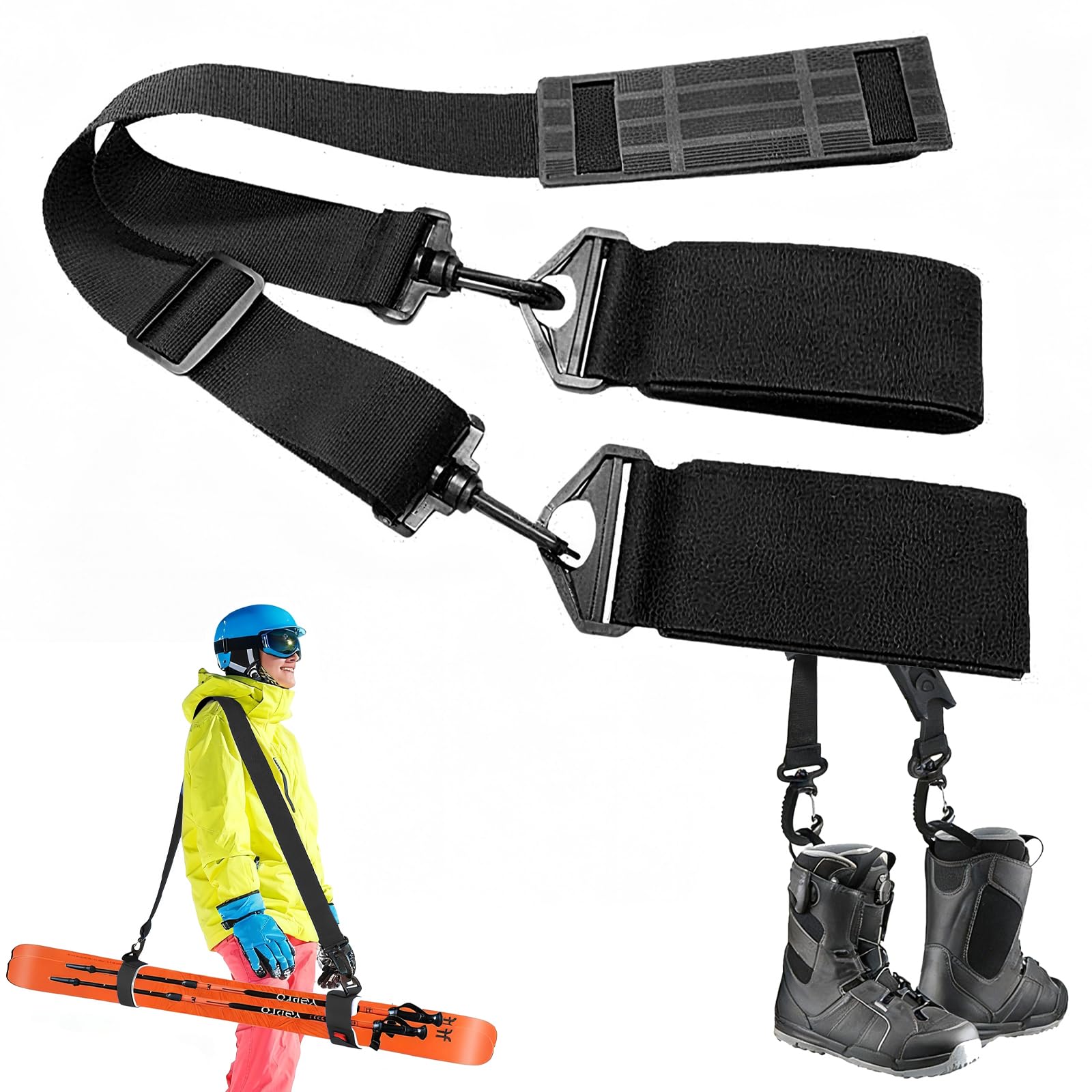 Ski Boot Carrier Straps, Skates Carry Leash Ski Straps Pole Carrier Foldable Ski Carrier Strap Adjustable Shoulder Strap Comfortable Padded Shoulder Sling for Skis Snowboard Boots Poles (Black)