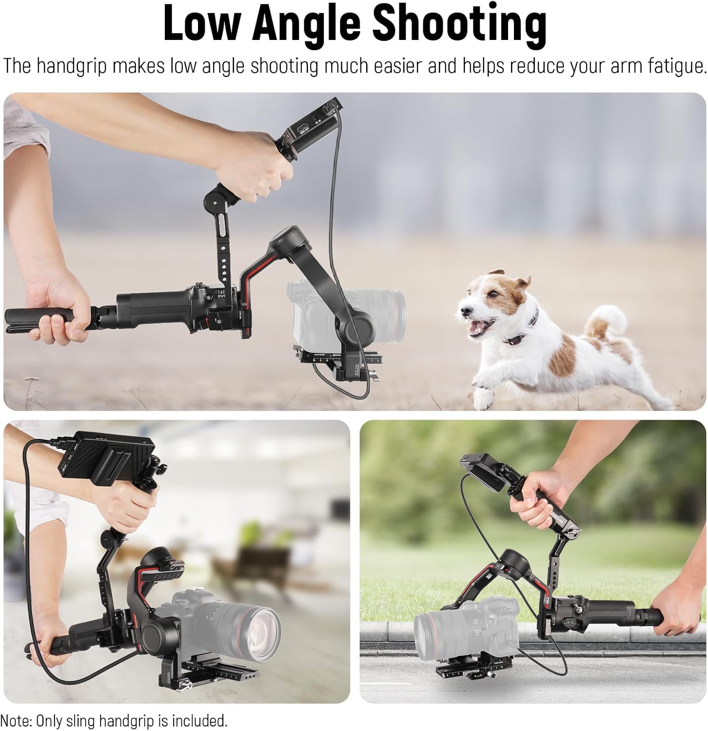 Person using the NEEWER Sling Handle Grip for low angle shooting with a gimbal, showing various low-angle perspectives.
