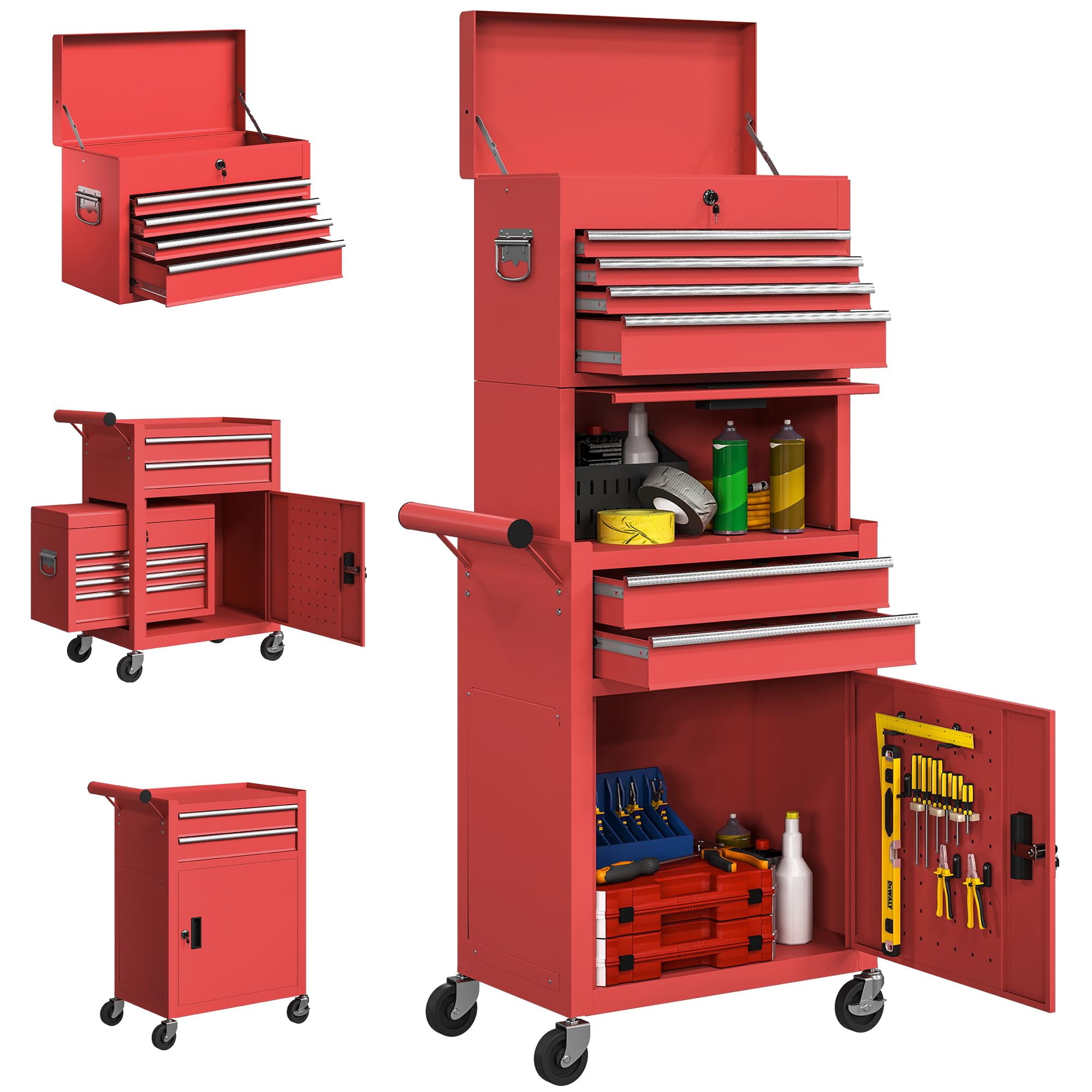 HOMCOM Tool Trolley with 6 Drawers and Locks, 3 in 1, Mobile Workshop Trolley with Wheels and Perforated Side Panel, Detachable Steel Tool Box for Workshop, Garage, Red