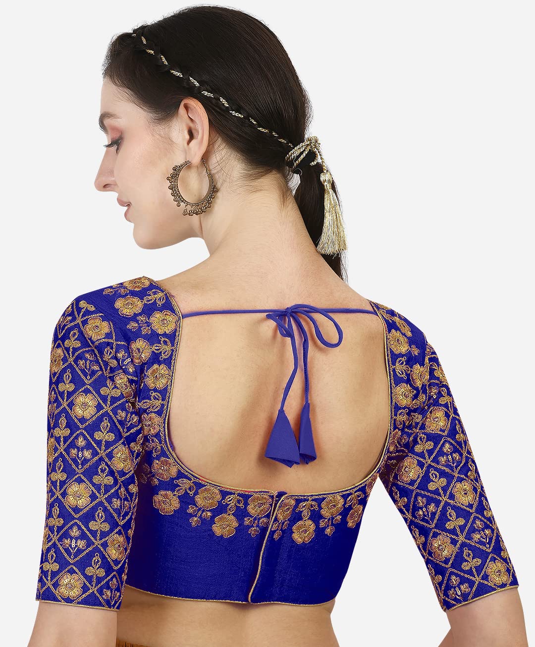 Pujia Mills Women's Phantom Silk Embroidery Handwork Work Half Sleeve Readymade Saree Blouse (Madhubala Blouse_Royal Blue_ 36 Size +Margin