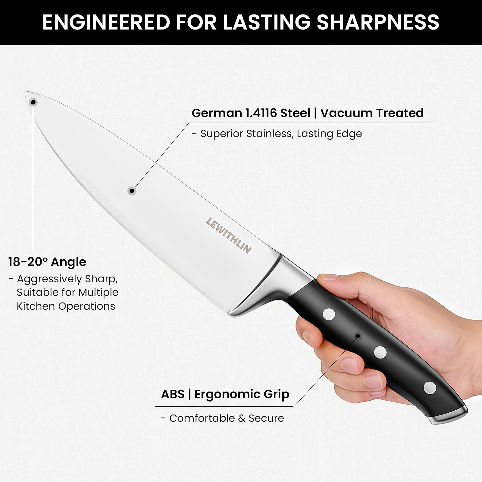 Kochmesser 20cm Profi Küchenmesser Messer Scharf Deutsch 1.4116 Edelstahl Chefmesser Tranchiermesser Allzweckmesser Fleischmesser mit Ergonomischem Griff für Fleisch, Gemüse, Obst