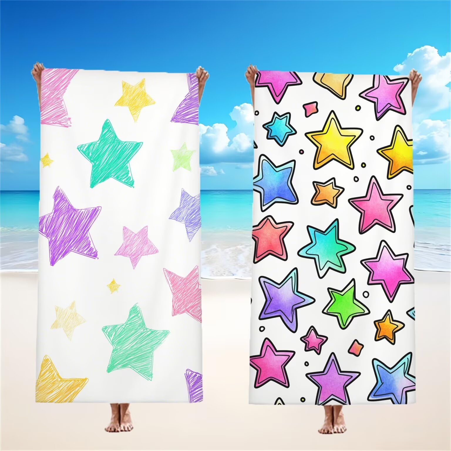 Kolorowy ręcznik plażowy dla dorosłych, ręcznik z mikrofibry 90 x 200 cm, duży, 2 szt., unikalne zatrzaskowe, chłonne, szybkoschnące, odporne na piasek, lekka konstrukcja, do pływania, jogi, podróży