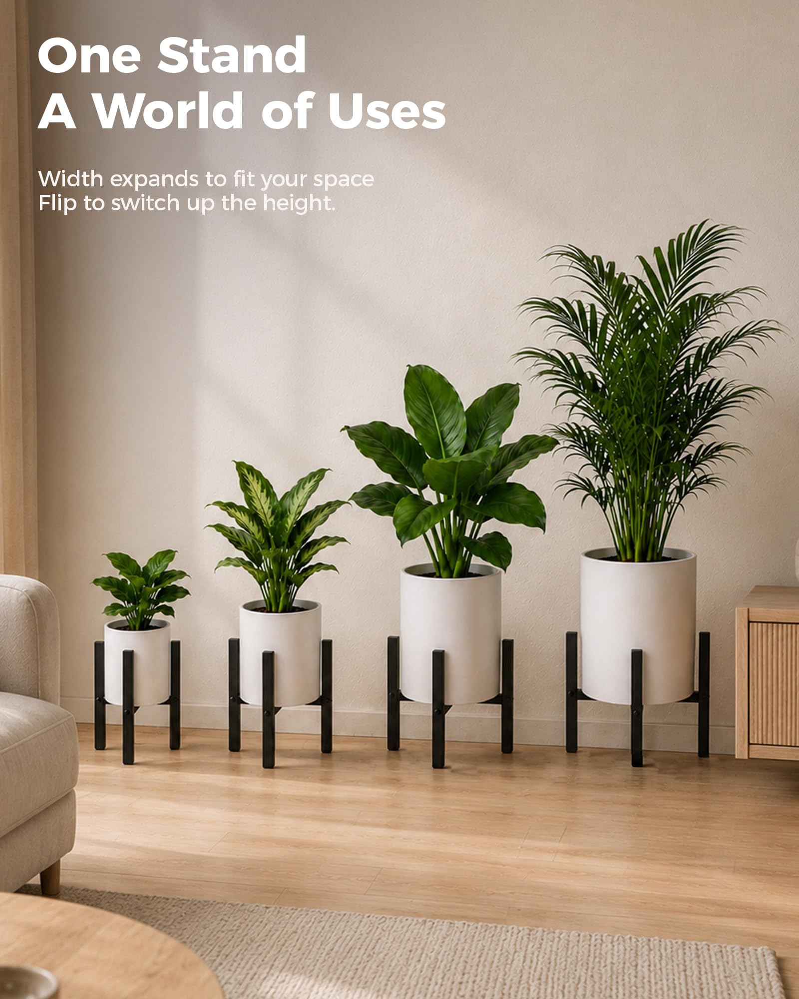 Bamworld Metalowy stojak na rośliny o regulowanej szerokości 20-30 cm, trójnóg do użytku w pomieszczeniach, odwracalny na 2 różne wysokości, wodoodporny, wytrzymały, uchwyt na 90 kg, czarny, uchwyt na