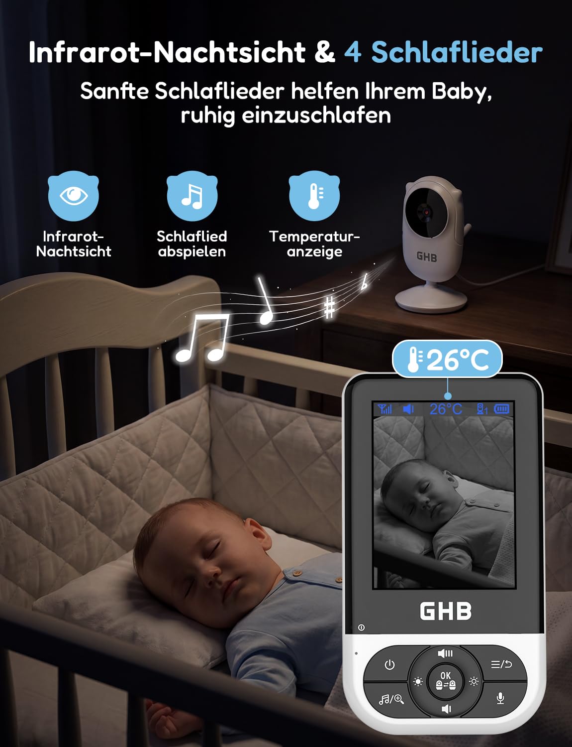 GHB Babyphone mit Kamera Baby Monitor 2,8 Zoll mit Nachtsicht VOX Schlaflieder Gegensprechfunktion Temperatursensor Max. 4 Kameras Unterstützt Schwarz