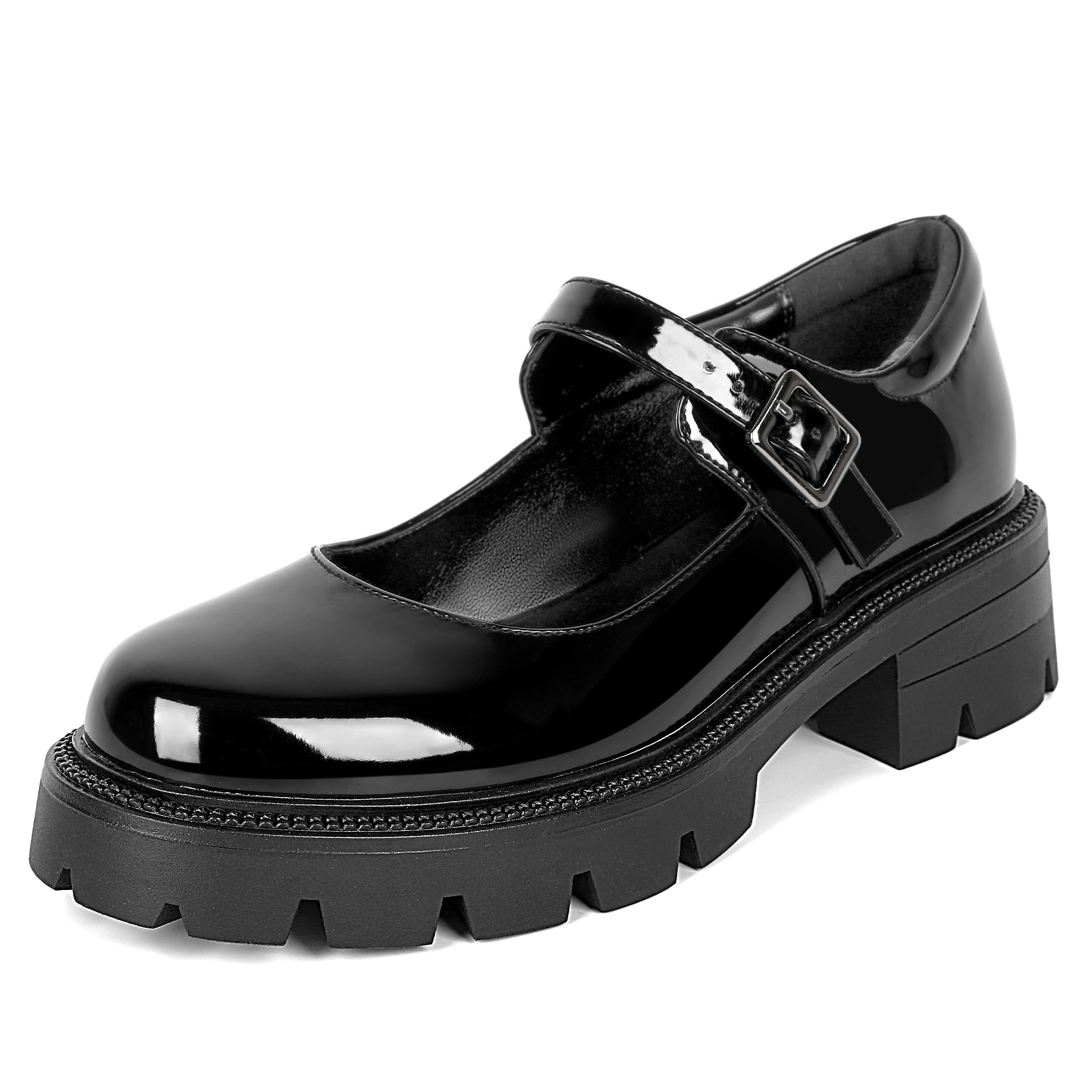 Eldof Women's Mary Jane Shoes Platform Lug Sole Low Heel Chunky Pumps Round Toe Ankle Strap Oxfords Dress Shoes for Uniform Graduation School Work 2