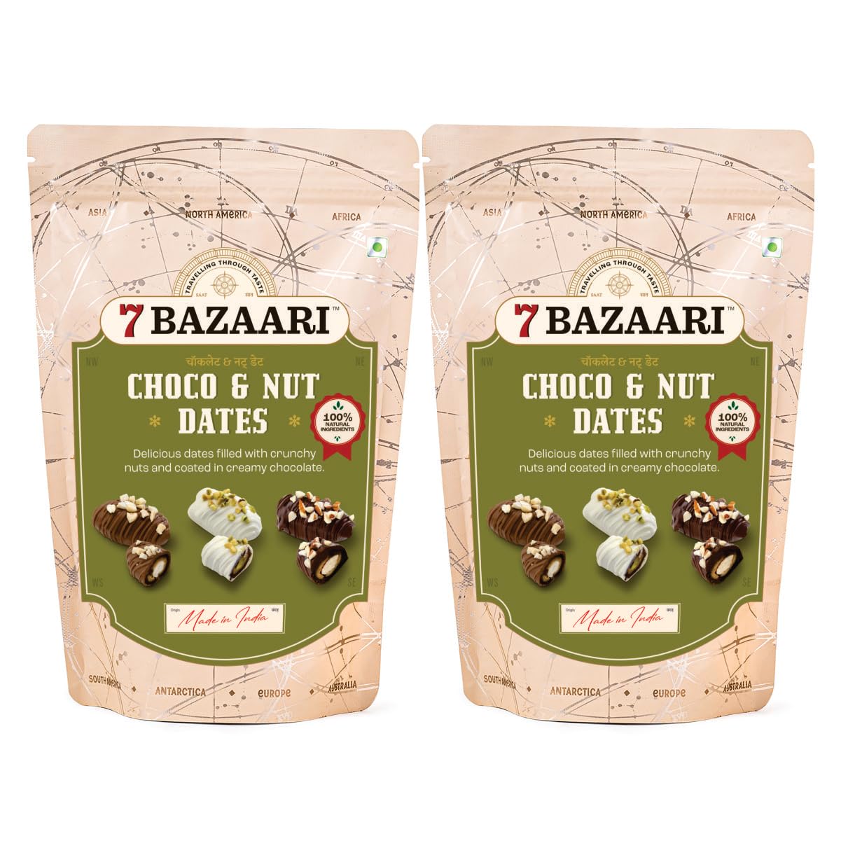 7 BAZAARI Premium Choco & Nut Dates - Gluten Free, Natural Ingredients - Assorted Almond Dark Chocolate, Cashew Milk Chocolate- 10Pcs (Pack of 2),300 G
