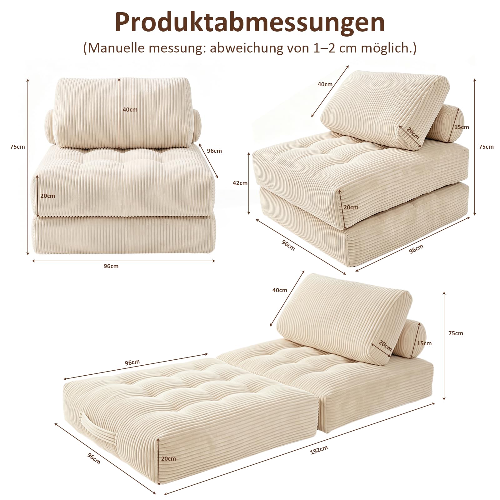 EVLIQUIL Klappbares Schlafsofa, Wandelbett & Sitzsackcouch (Beige)