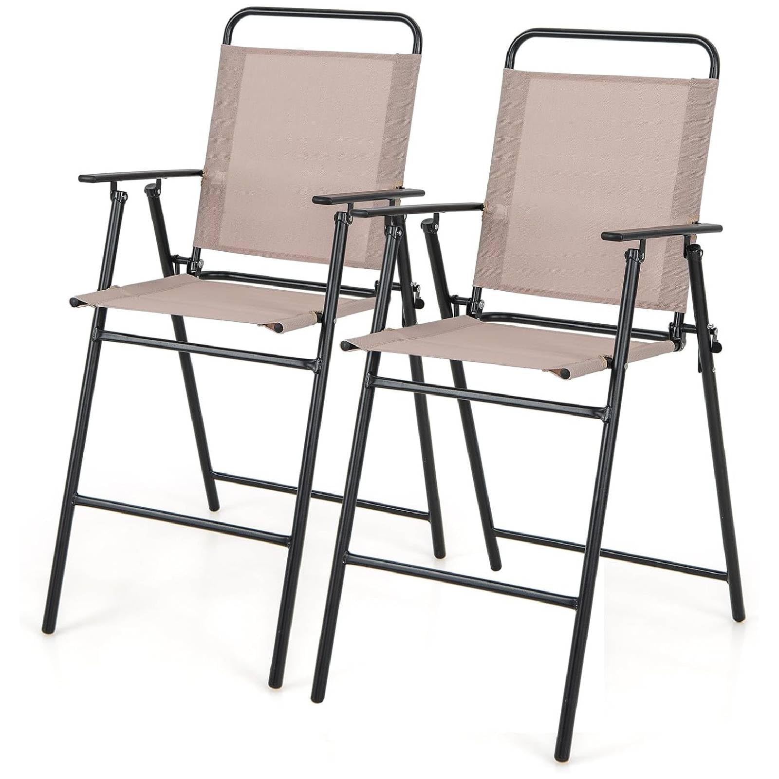 TANGZON Outdoor Folding Bistro Set, Patio Bar Table and Foldable Chairs Set with Water Ripple Tempered Glass Top, 3 Pieces Garden Furniture Bar Set for Balcony Backyard (2 Beige Armchairs)
