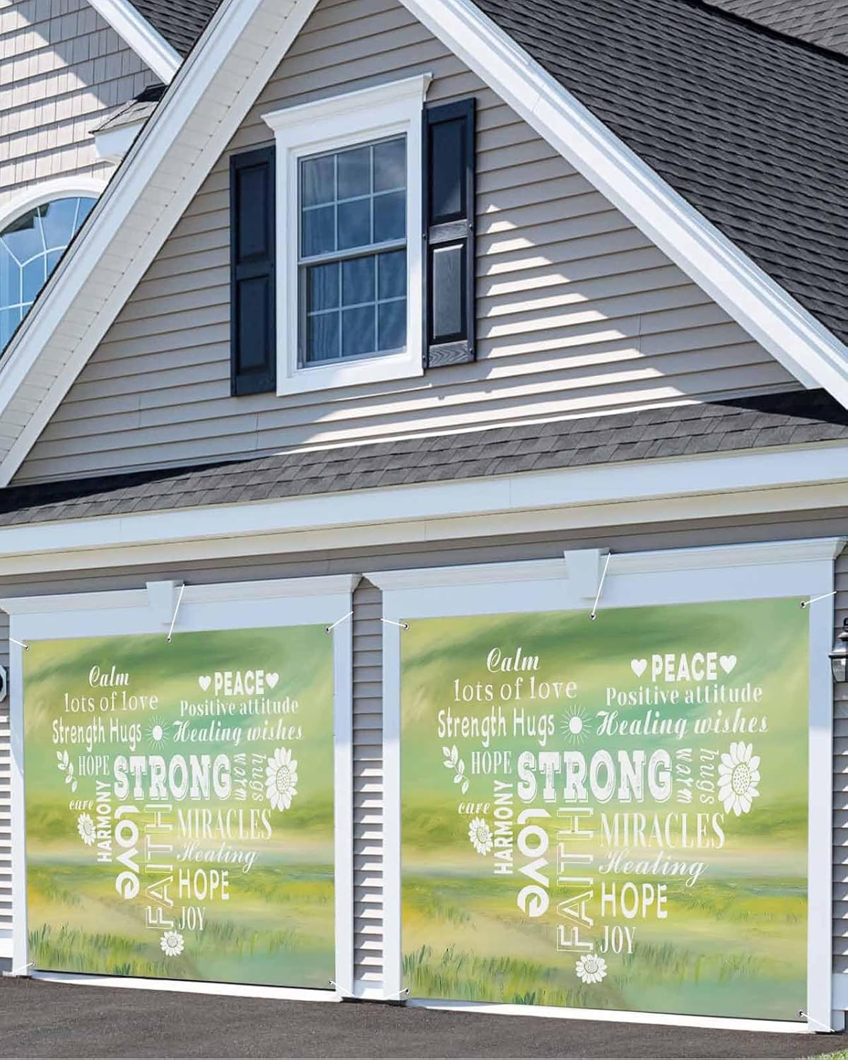 Love Peace Text Garage Door Cover Banner 7 x 8 FT, Green Inspirational Quotes Sunflowers Garage Door Curtains Backdrop with Grommets for Indoor Outdoor Wall Party Porch Yard Decorations Background
