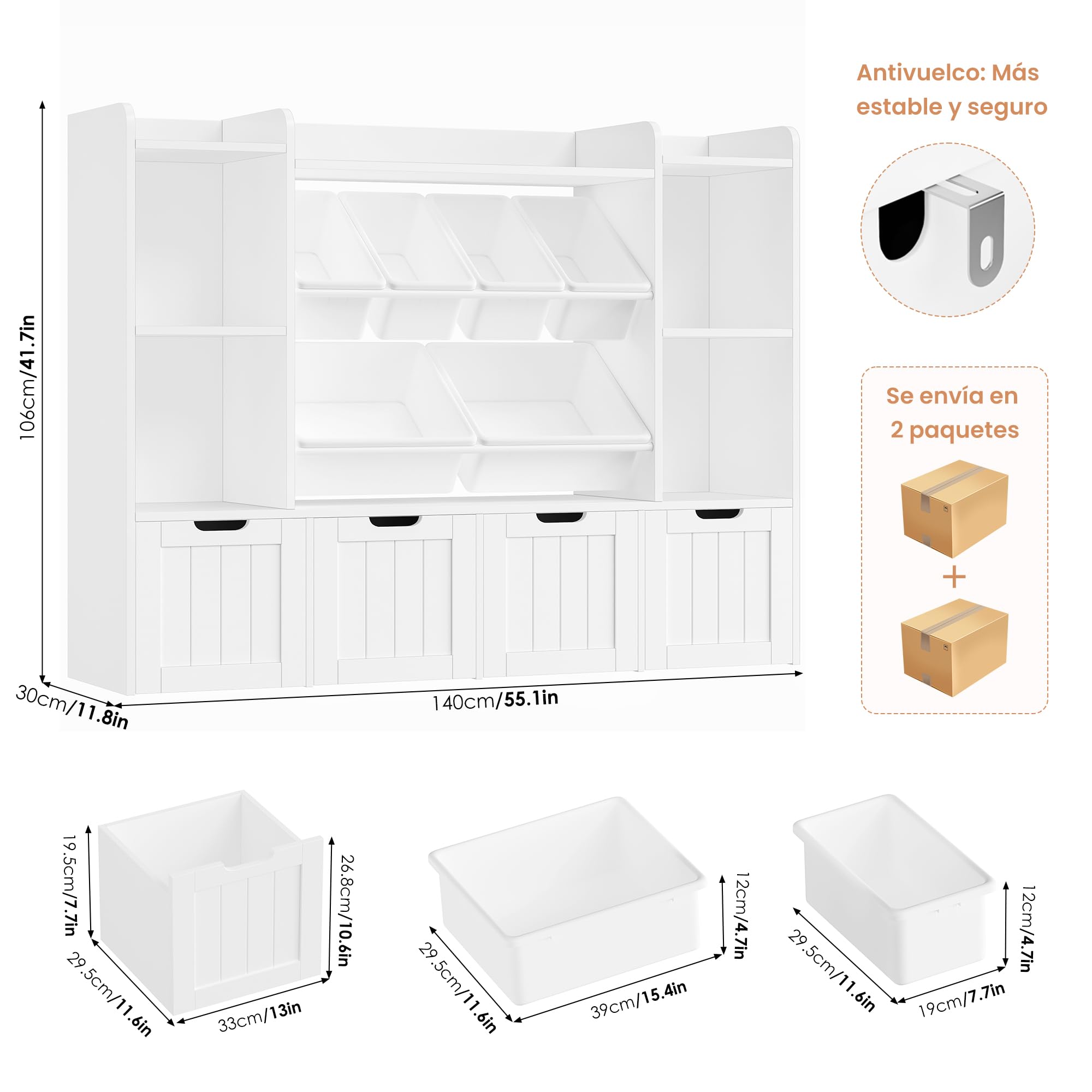 FOREHILL Mueble Organizador Juguetes, Mueble Almacenaje Juguetes, Estanteria Montessori, Organizador de Juguetes Infantil, Estanteria Infantil, 4 Cajones con Ruedas, 6 Cajas, Blanco, 140x30x106cm
