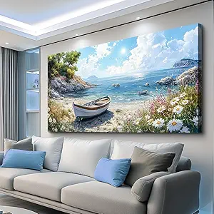 ZUITINGHUA Large Wall Decor For Living Room Canvas Wall Art For Office Modern Wall Decorations For Bedroom Seaside Boat Landscape Painting Farmhouse Pictures Artwork Room Home Decor 24x48 In