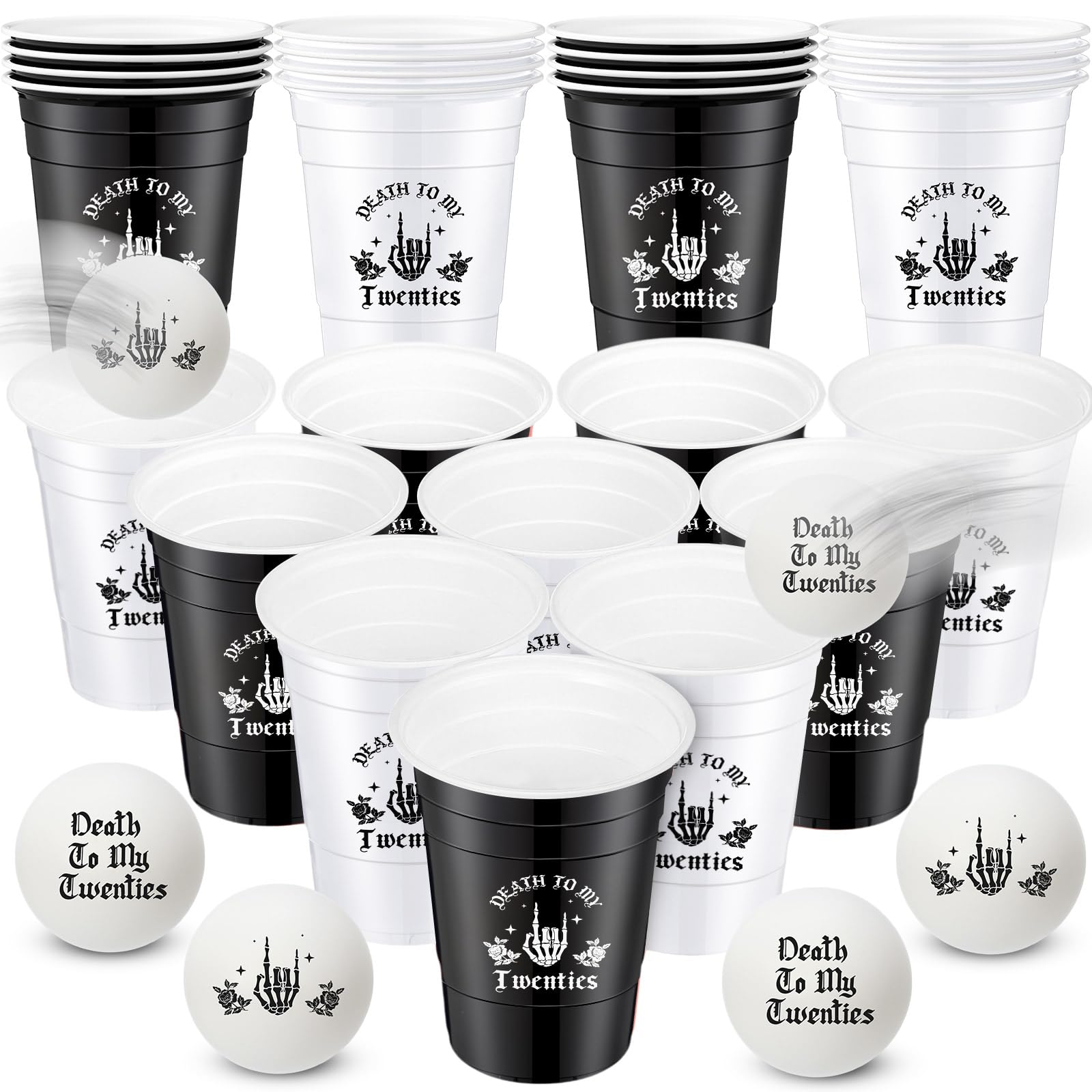 Seenelling 22 Pcs 16 Oz Plastic Cups with 8 Pcs Balls Game Set, Disposable Death to My Twenties Plastic Cups Gothic Theme Balls for Funny 30th Birthday Party Game Supplies