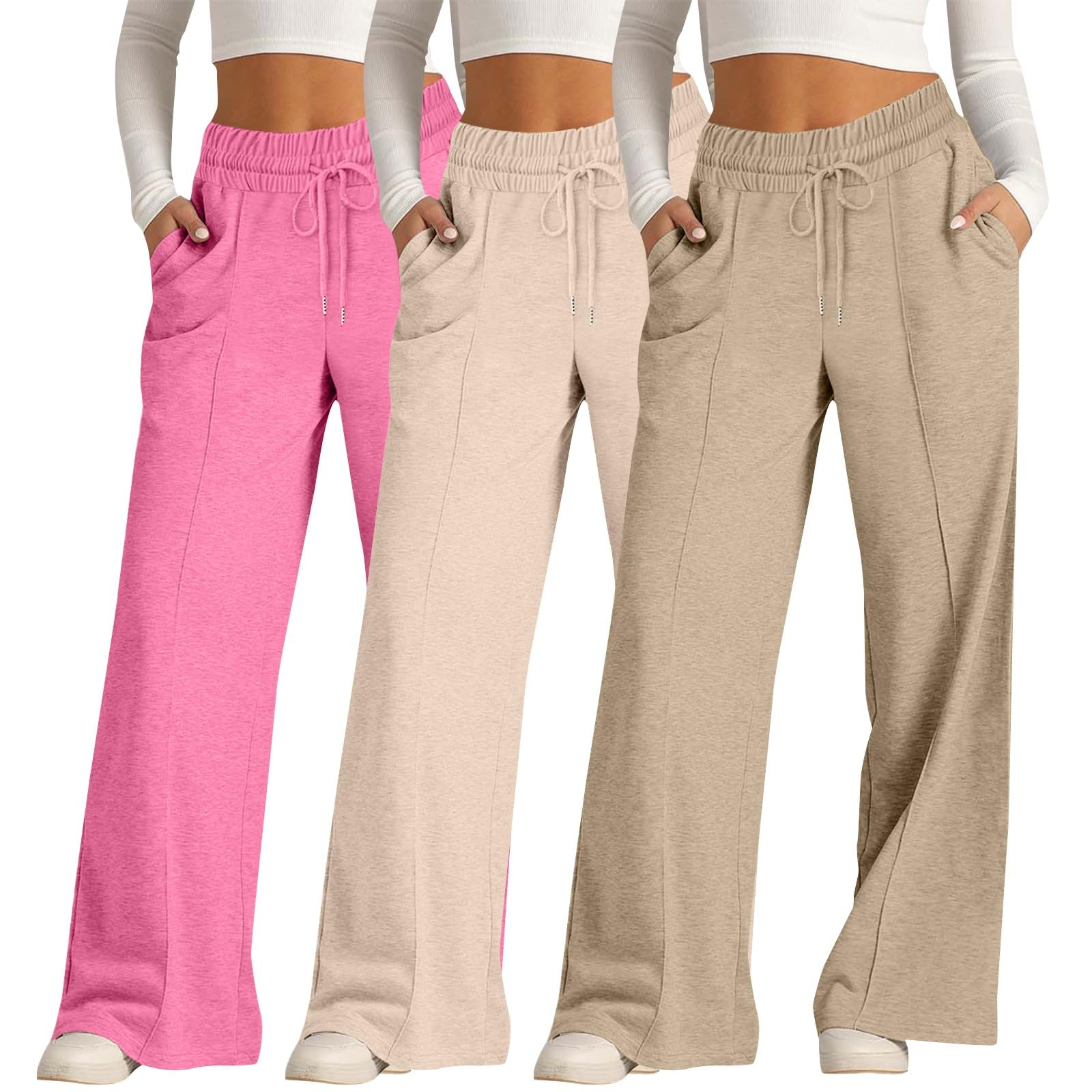 Paquete de 3 pantalones de pierna ancha para mujer, cintura elástica, pierna recta, pantalones deportivos de cintura alta, holgados, pantalones palazzo, pantalones de pista, color sólido, pantalones