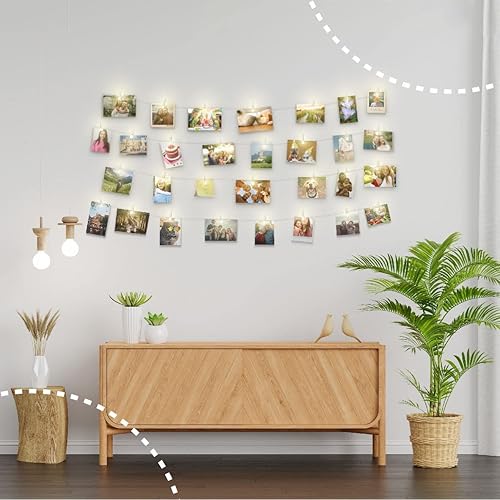 Miniatura 7 de Cadena de luces con clip para fotos (16.4 ft, 50 LED, 30 clavijas), funciona con pilas, luz de hadas colgante para dormitorio
