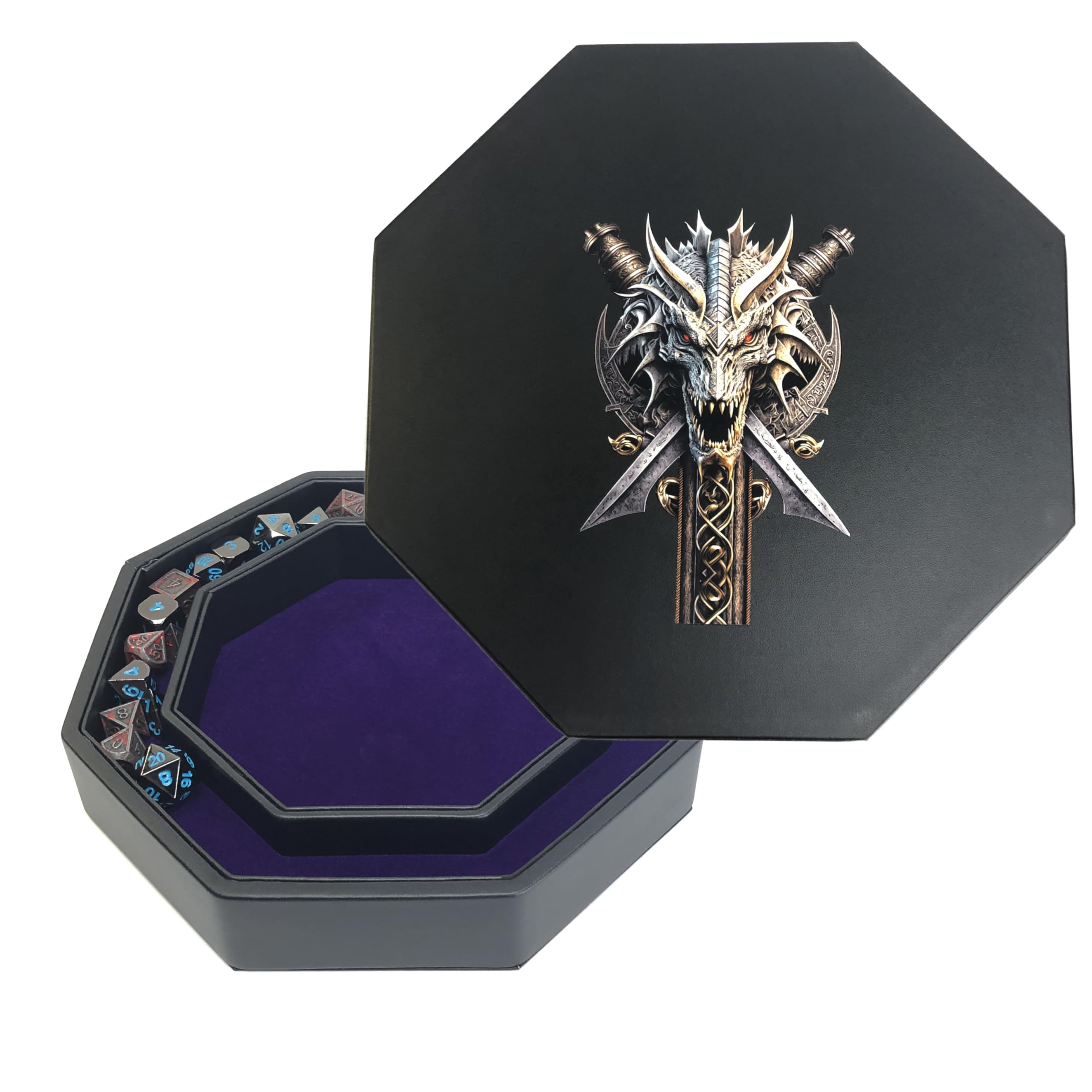 Noble Artisan Designs Dragon Skull Dnd Dice Tray With Storage, 9.25" Octagon Rpg Rolling Tray, Royal Purple Felt Lined Dice Tray With Lid (Dragon Skull)