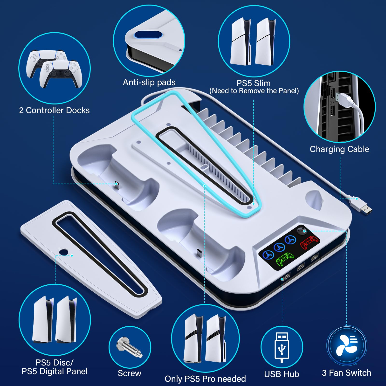 PS5/Slim/Pro - Estación de refrigeración con controlador y estación de carga para Sony PSP Console Playstation 5 Slim&Standard Disc/consola digital, accesorios de refrigeración PS5 Pro, incluye