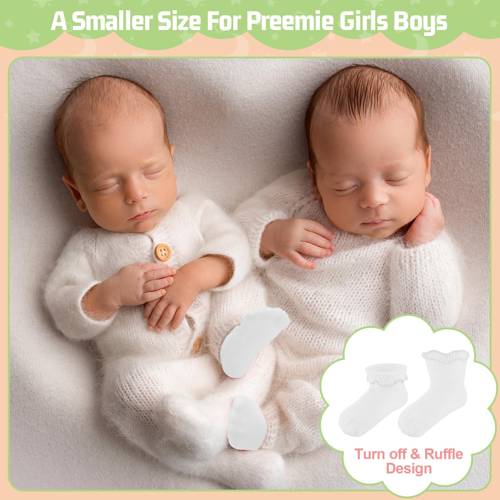 Toulite 12 Paar Preemie Socken Mädchen und Jungen Frühchen Rüschen Socken Preemie Turn Cuff Baumwollsocken Krankenhaus Nicu