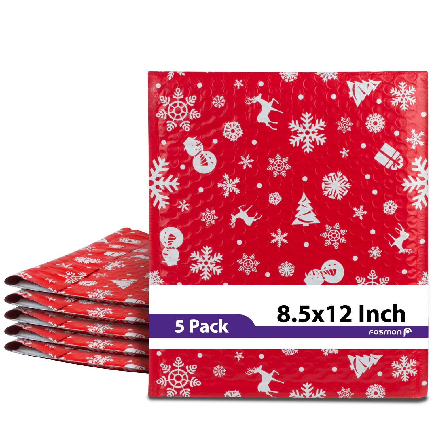 Fosmon #2 Christmas Poly Bubble Mailer 8.5 x 12 inches (5 Pack), Lightweight Water/Dust/Shock/Tear Resistant Padded Shipping Envelopes - Xmas Red