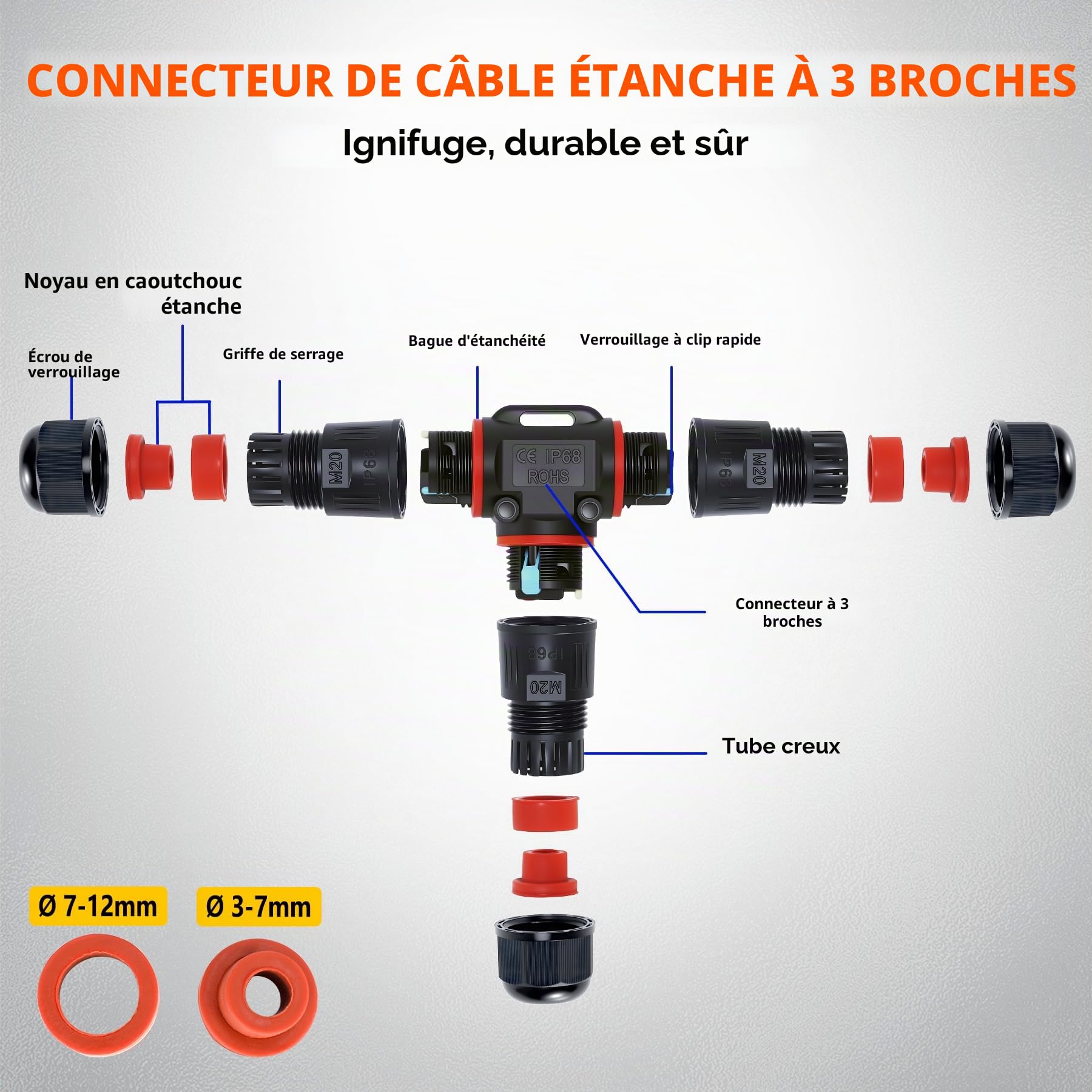 10 pièces connecteur electrique etanche IP68, 3 fils connecteur etanche, Connecteurs de câble enterré étanches, Forme de T, pour diamètre de câble Ø3-12 mm