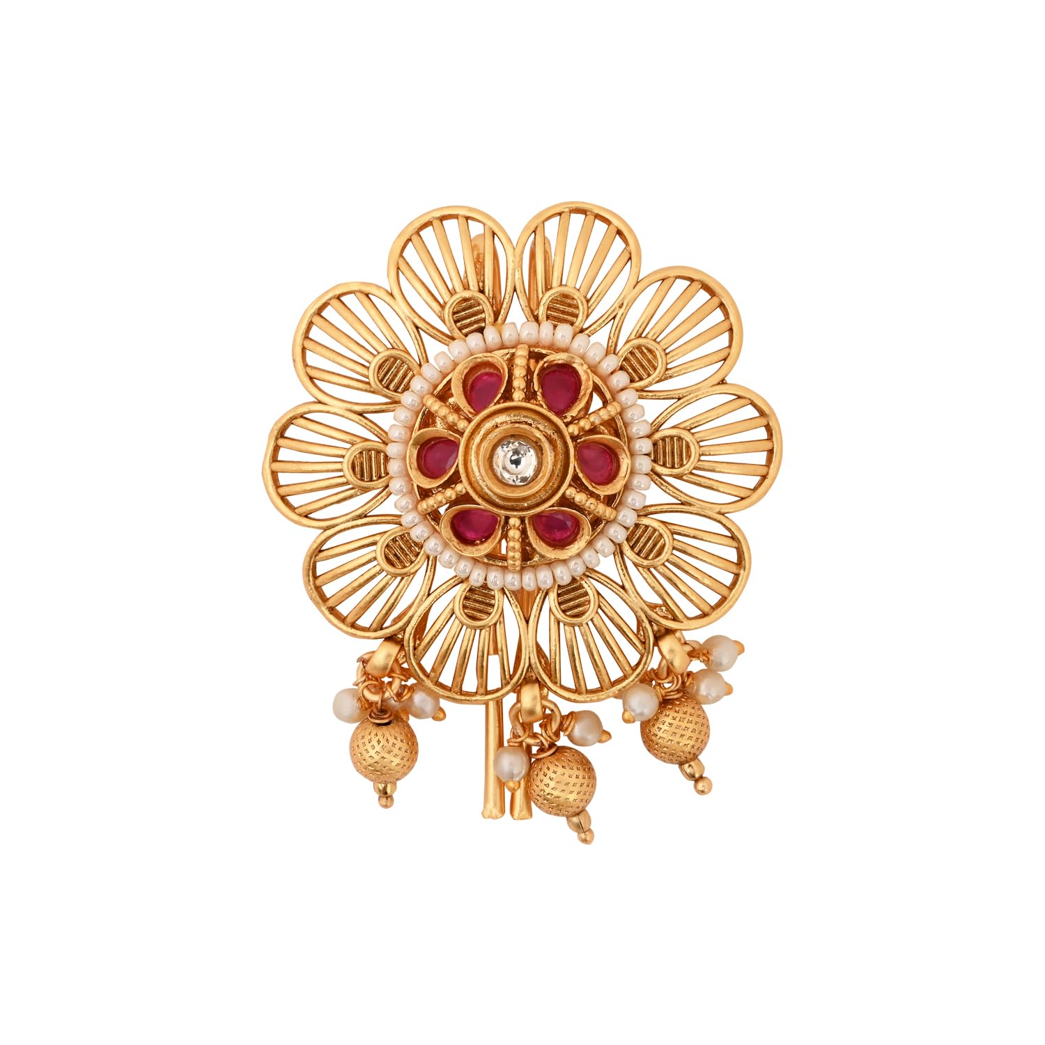 Gold Plated Traditional Floral Juda pin/Hair Brooch/Jadai Billa with Stones and Pearl Center for Elegant Hairstyles for Women (SM93)