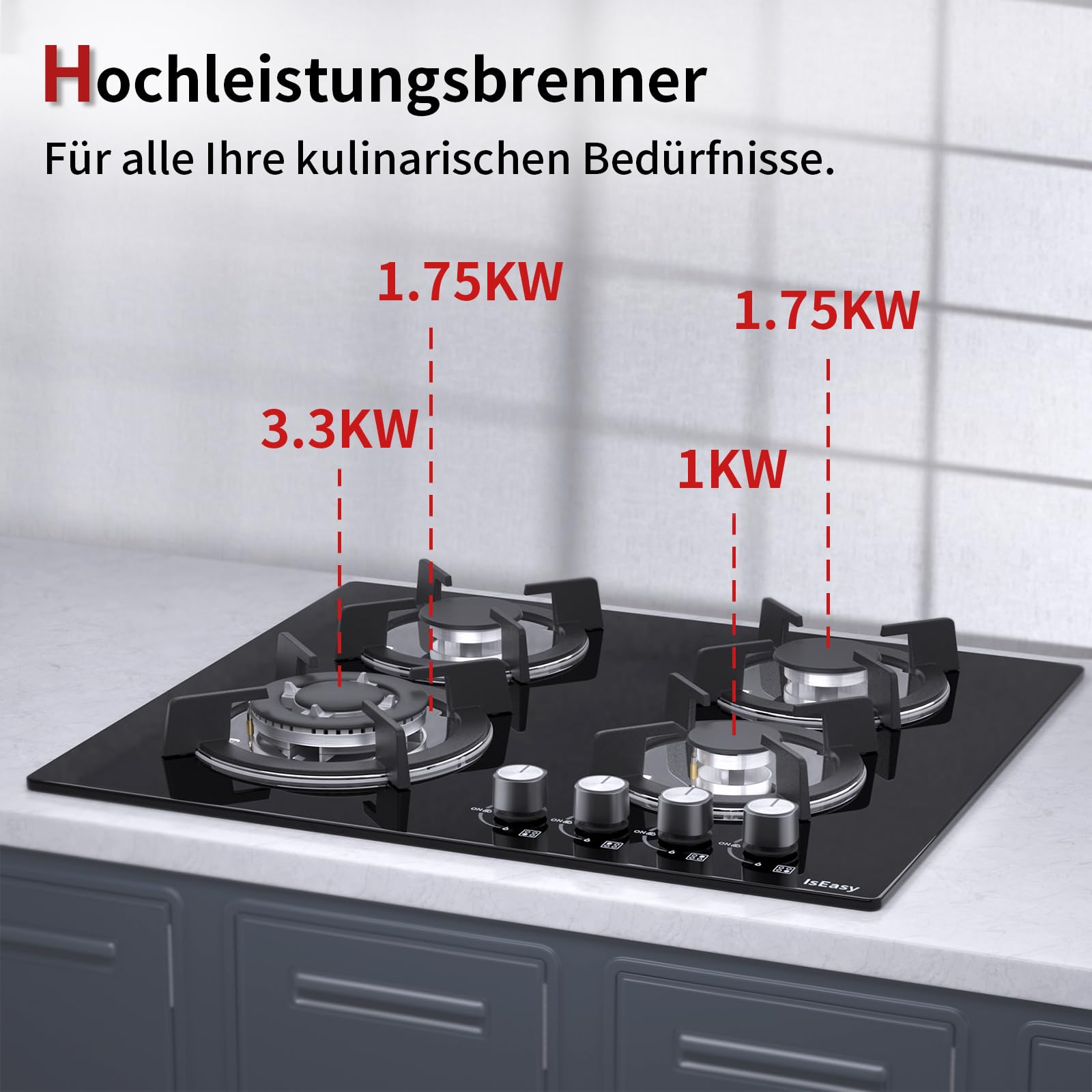 IsEasy Gaskochfeld 4 Flammig, 60cm, 7800W, Erdgas/Propangas, Schwarz, Thermoelementschutz
