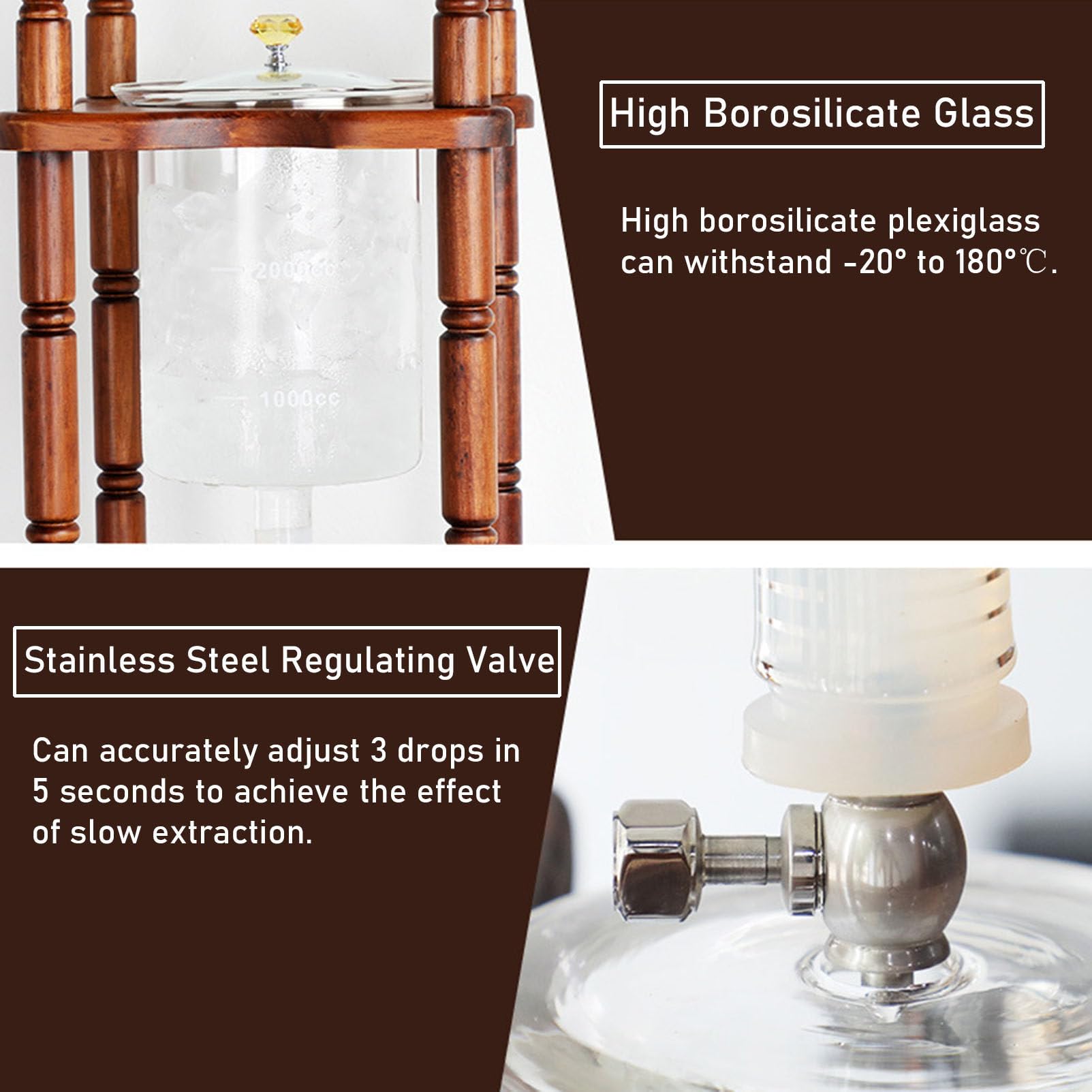 Macchina per caffè Freddo Cold Brew Dripper Pot Cold-Dripper Coffee Tower Macchina per caffè Freddo in Legno Vetro 3000 ml Marrone