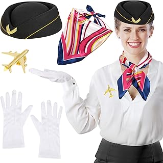 XEPST 4PCS Flight Attendant Costume for Women - Flight Attendant Hat Scarf Gloves Brooch for Women Halloween Costumes Cosplay