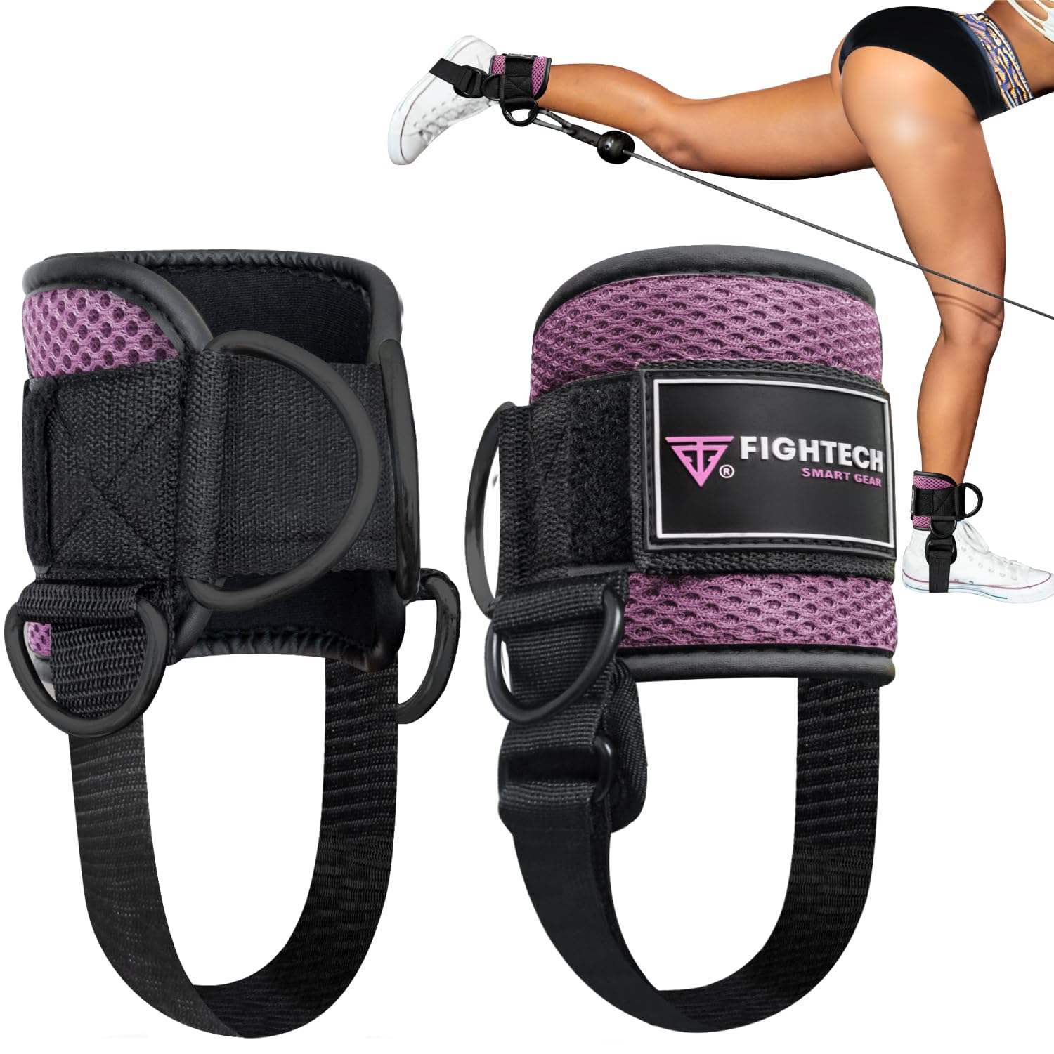 FIGHTECH Ankle Straps Cable Machine Attachment for Gym - Cable Kickback Ankle Straps - Padded Ankle Cuffs for Glute Kickbacks and Leg Workouts