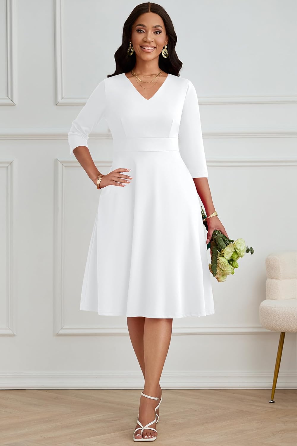 CLOCOR Casual Dresses for Women Semi Formal Fit and Flare Dress A-Line V-Neck 3/4 Sleeve Church Dresses with Pockets - Image 7