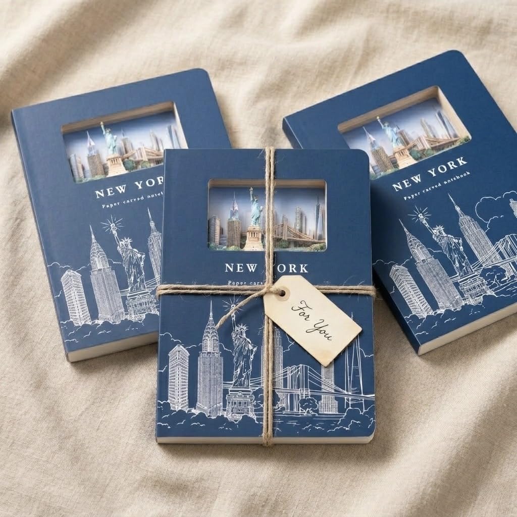 Taccuino con copertina rigida a pois (120 pagine) – 3D Layered Cut-out New York Cityscape, Statua della Libertà e Ponte di Brooklyn, diario pronto per scrivere, disegnare e viaggiare