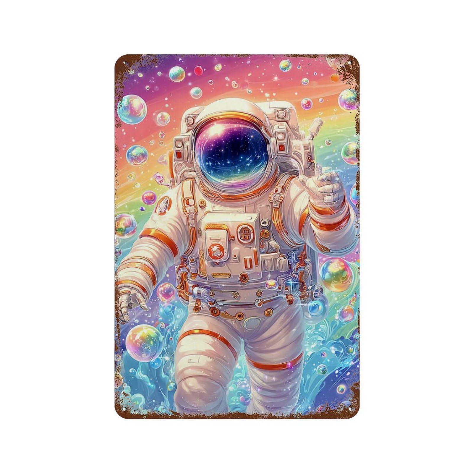 Cosmic Bubble Blast Astronaut Rust Effect Tin Sign 11.8"x7.9", Farmhouse Wall Decor for Living Room, Hallway And Home Decor