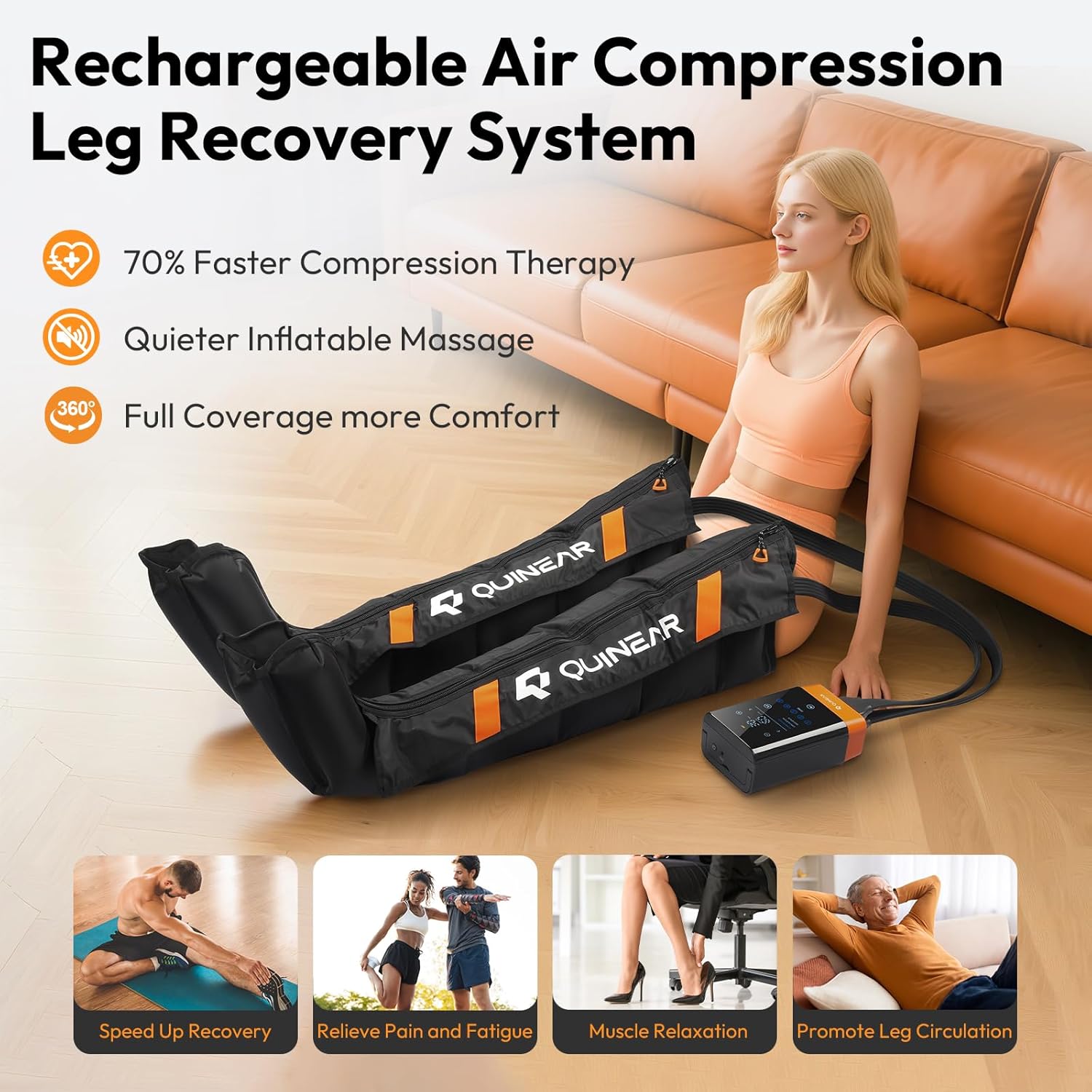 QUINEAR Cordless Leg Recovery System with 5-Zone Air Compression, Leg Massager for Circulation with 11 Levels & 3 Modes, Compression Boots for Athletes, Officer, Elderly(Medium) - Image 5