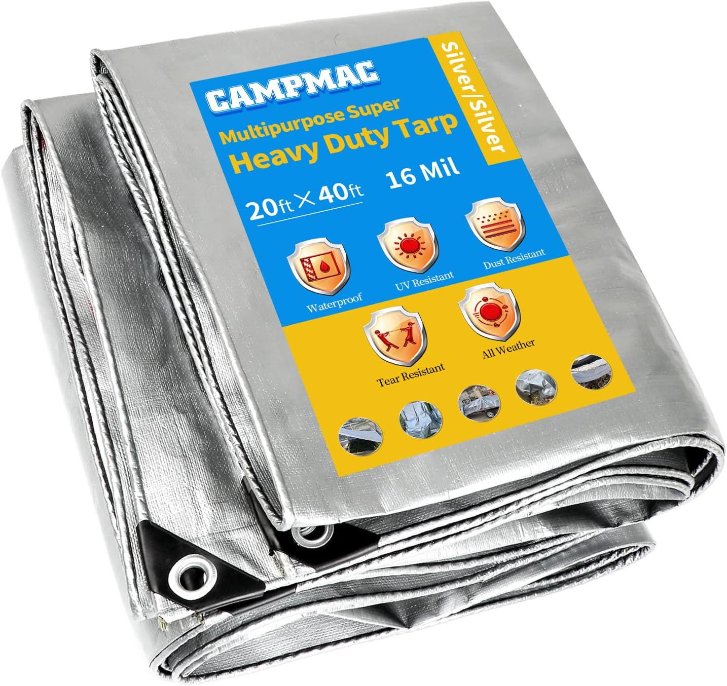 20x40 Ft Silver Heavy Duty Tarp, 16 Mil Thick Poly Tarps Cover