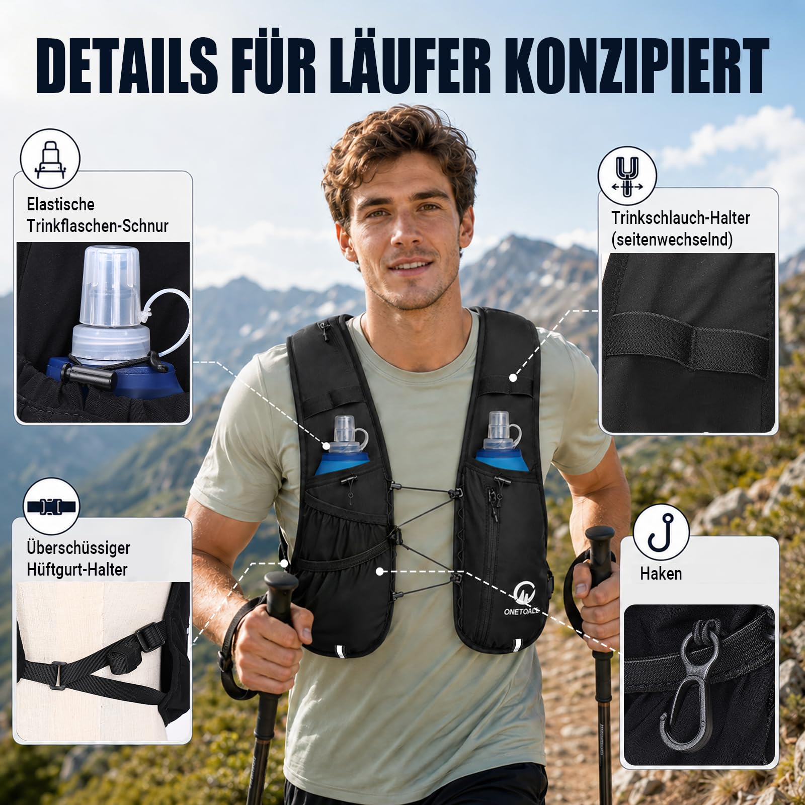 Laufweste Damen & Herren mit Zwei 500ml Trinkflaschen, Verstellbare Running Vest mit Lauflicht für bessere Sichtbarkeit, Atmungsaktiver Laufrucksack Trinkrucksack für Laufen Wandern Joggen